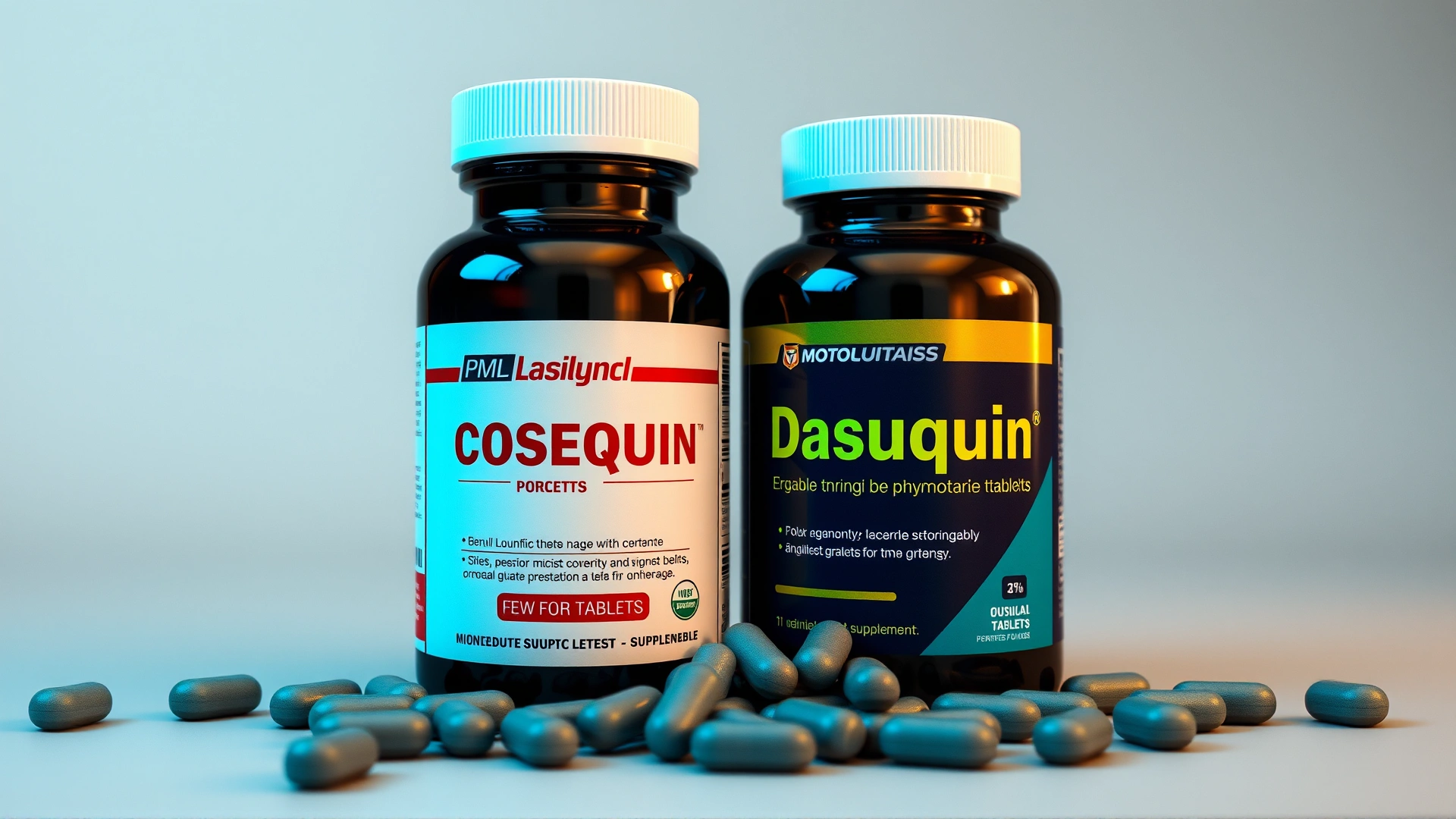 Side-by-side close-up of Cosequin and Dasuquin supplement bottles with chewable tablets scattered in front, on a neutral background, well-lit studio shot