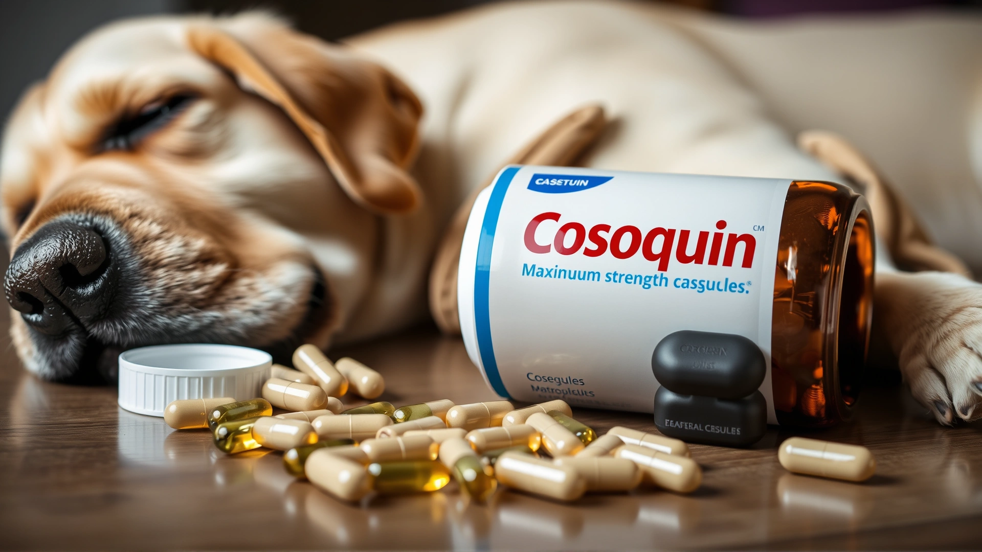 Bottle of Cosequin Maximum Strength capsules lying open with a few capsules spilled beside a sleeping Labrador.