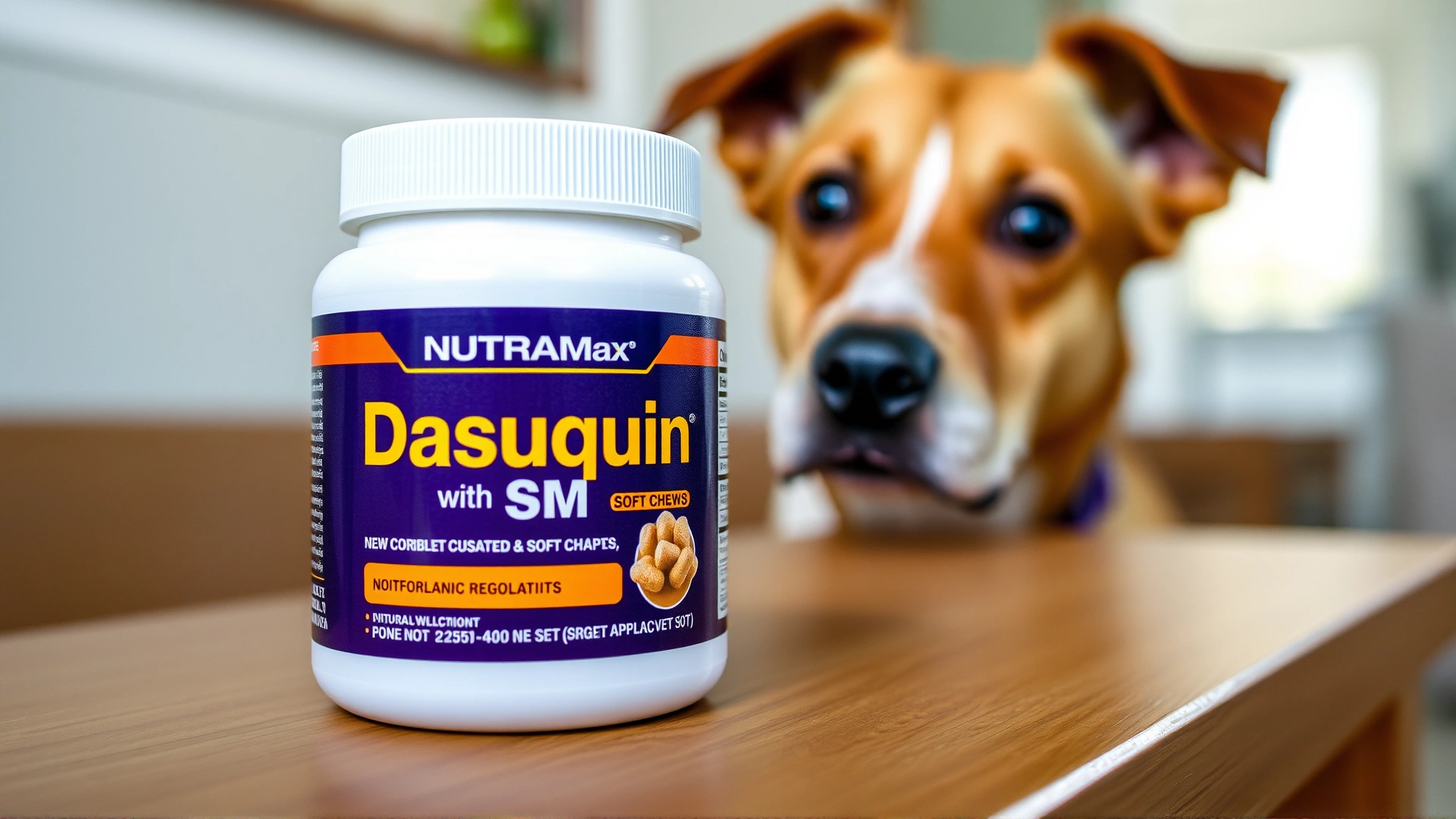 Close-up of Nutramax Dasuquin with MSM soft chews container on a wooden table with a blurred dog in the background looking curious.