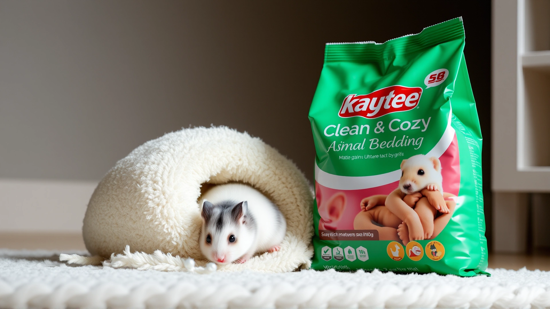 Kaytee Clean & Cozy White Small Animal Bedding bag next to a small hamster exploring the bedding, studio lighting