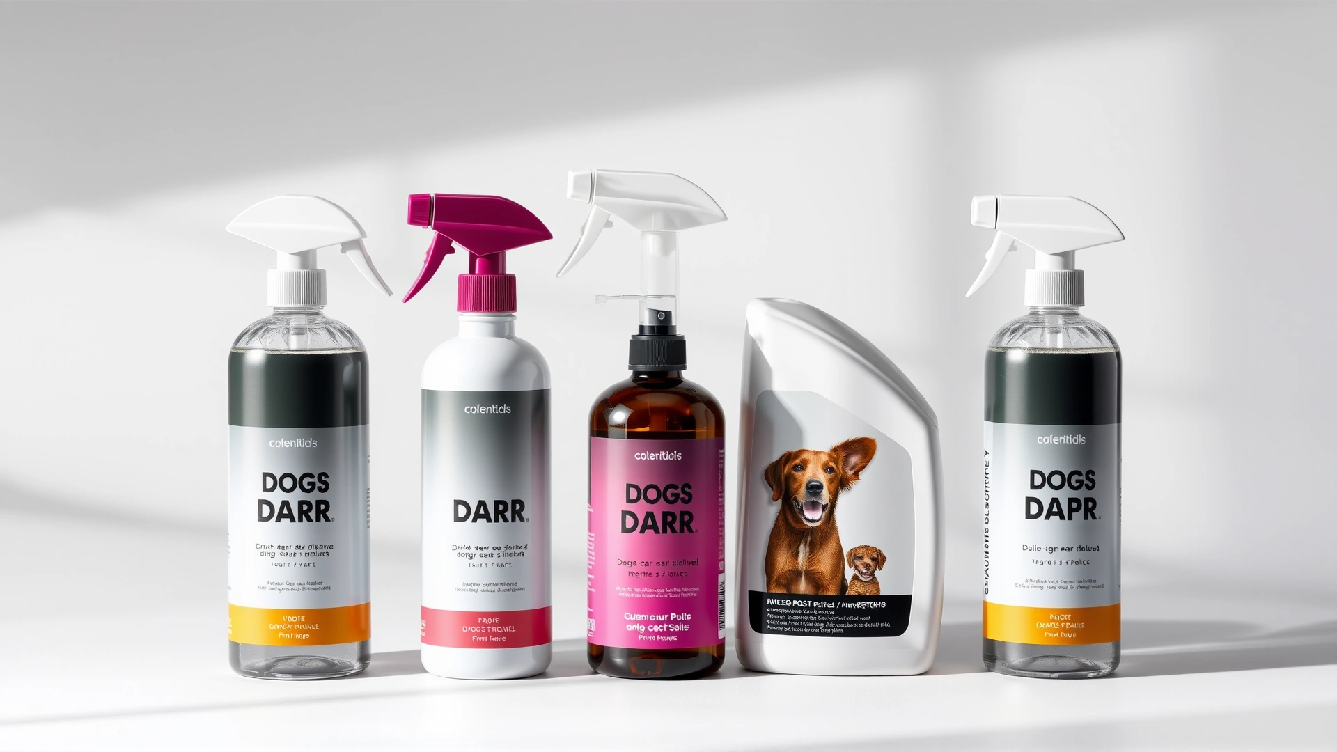 Lineup of five different dog ear cleaner bottles on a simple white background with soft shadows