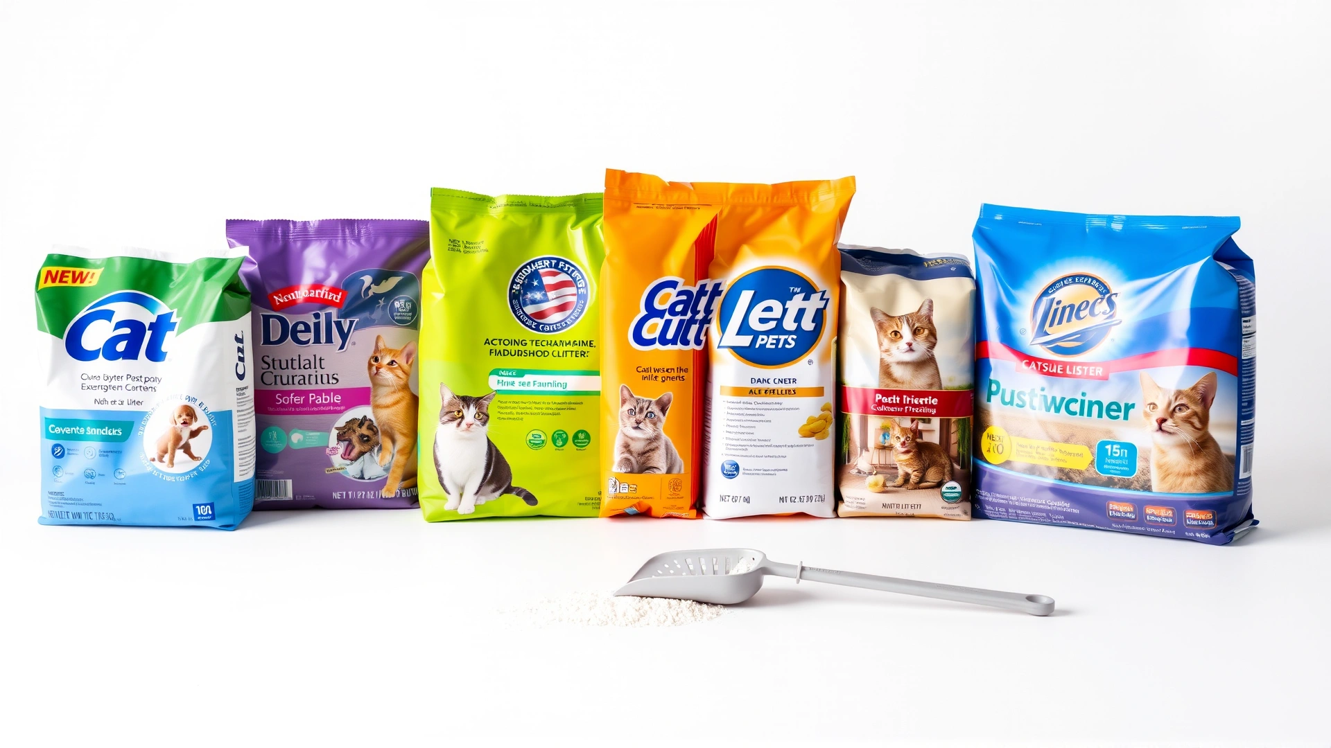 Neatly arranged lineup of various cat litter packages from multiple brands on a white background, with a scoop placed in front for scale.