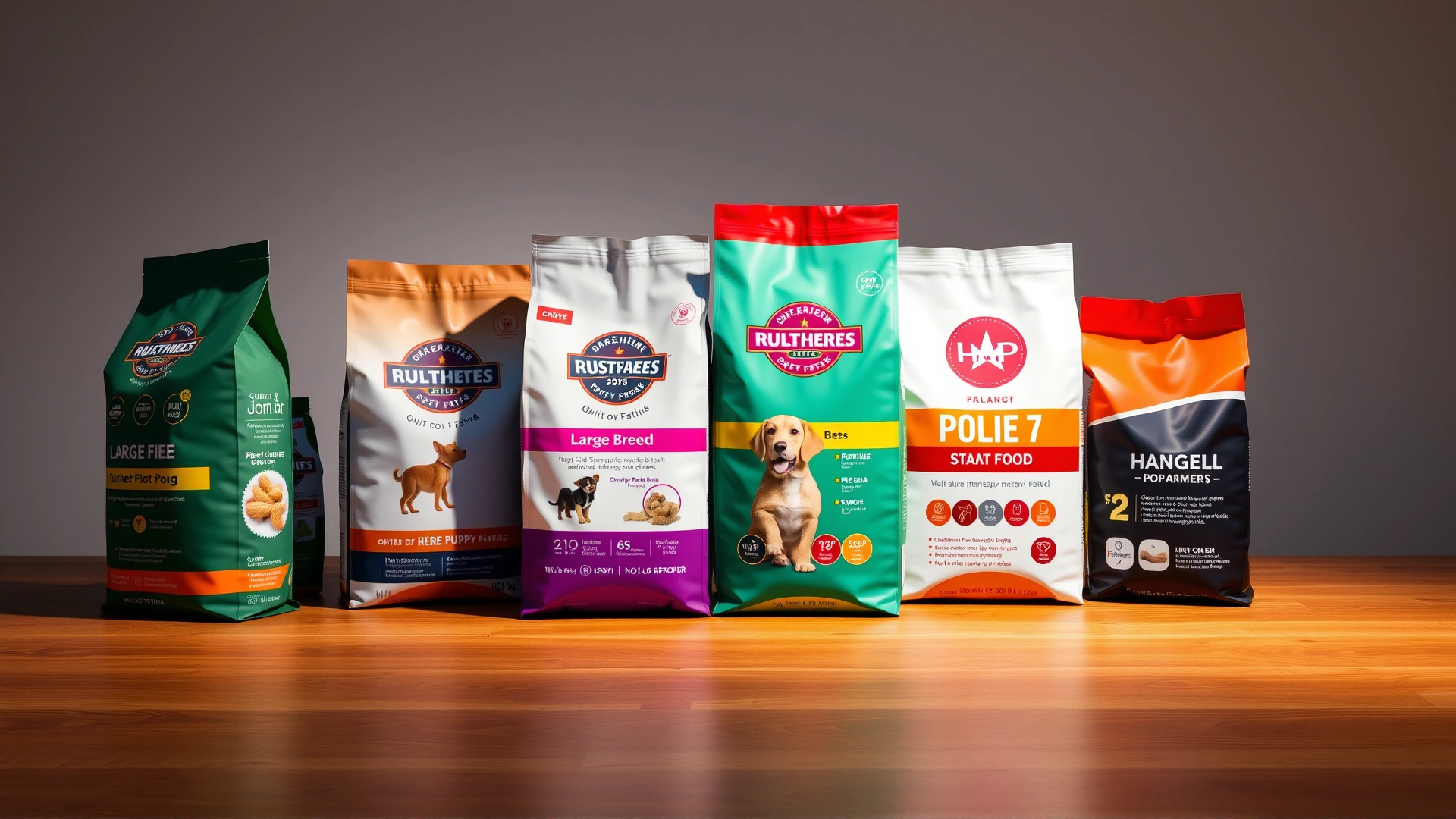 Neatly arranged line-up of various branded large-breed puppy food bags on a wooden countertop with neutral background lighting.