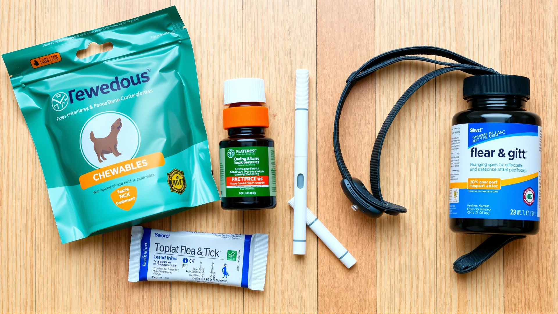 Flat lay of various flea and tick medication types—chewables, topical pipettes, and a collar—arranged neatly on a wooden surface