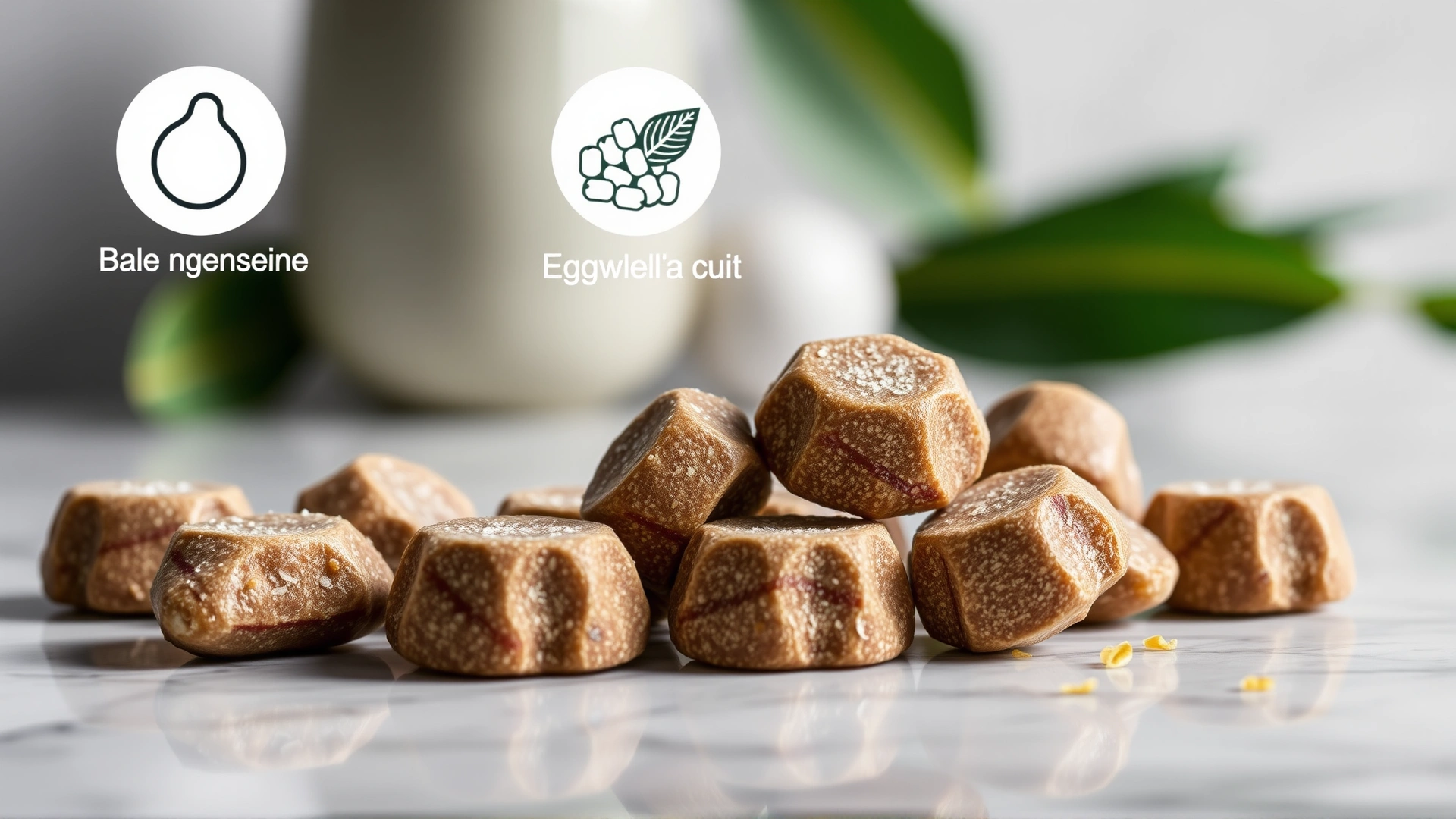 Movoflex Soft Chews scattered on a clean marble surface with ingredient icons (egg membrane, boswellia) artistically blurred behind.