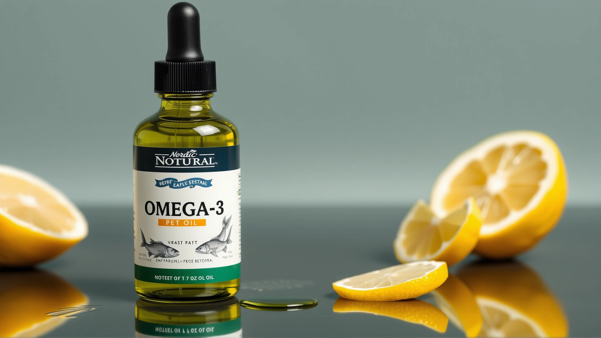 Glass dropper bottle of Nordic Naturals Omega-3 Pet oil with fish illustrations and a fresh lemon slice nearby.