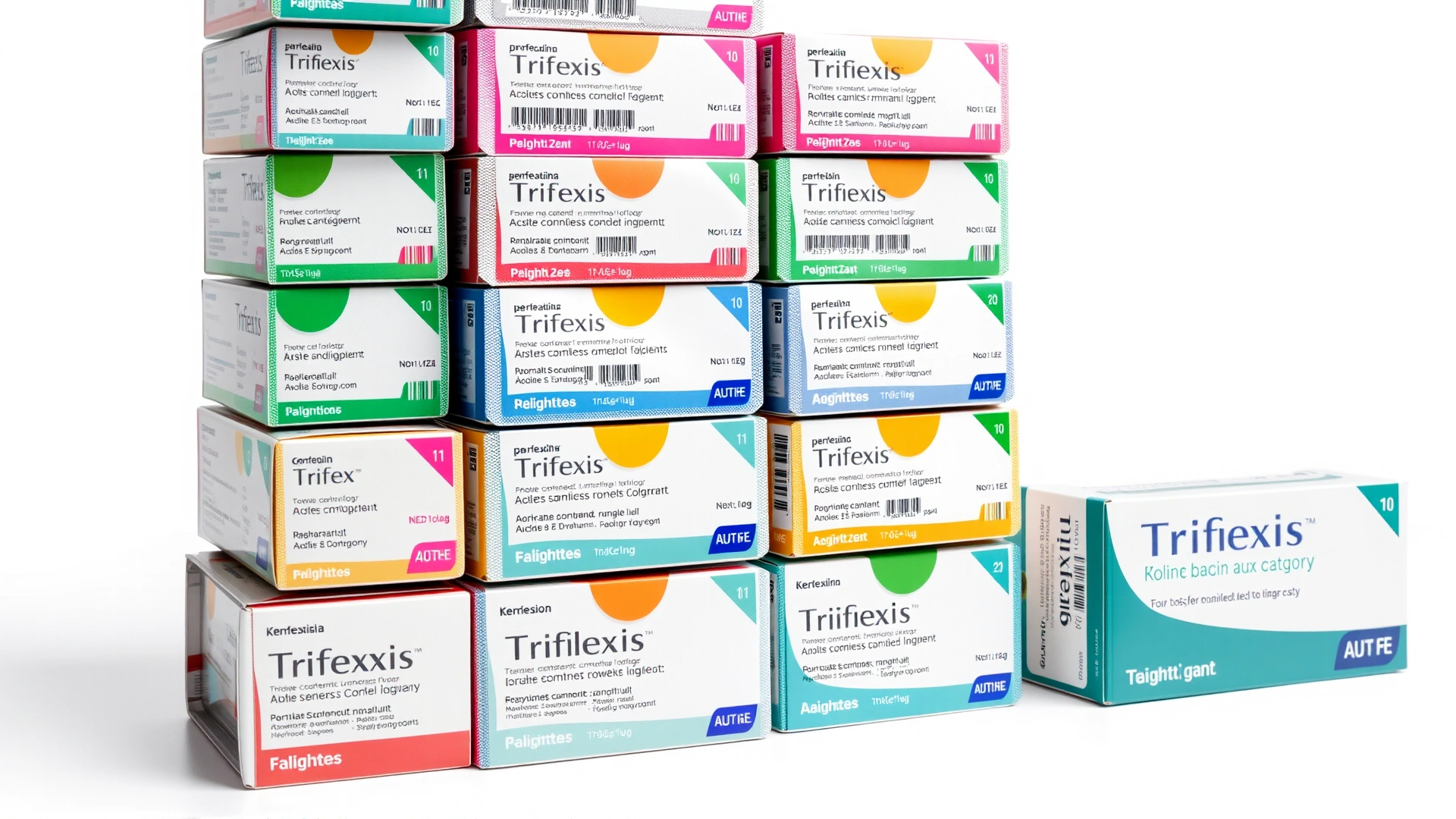 Neatly arranged stack of color-coded Trifexis blister packs and boxes that represent different weight categories, white background