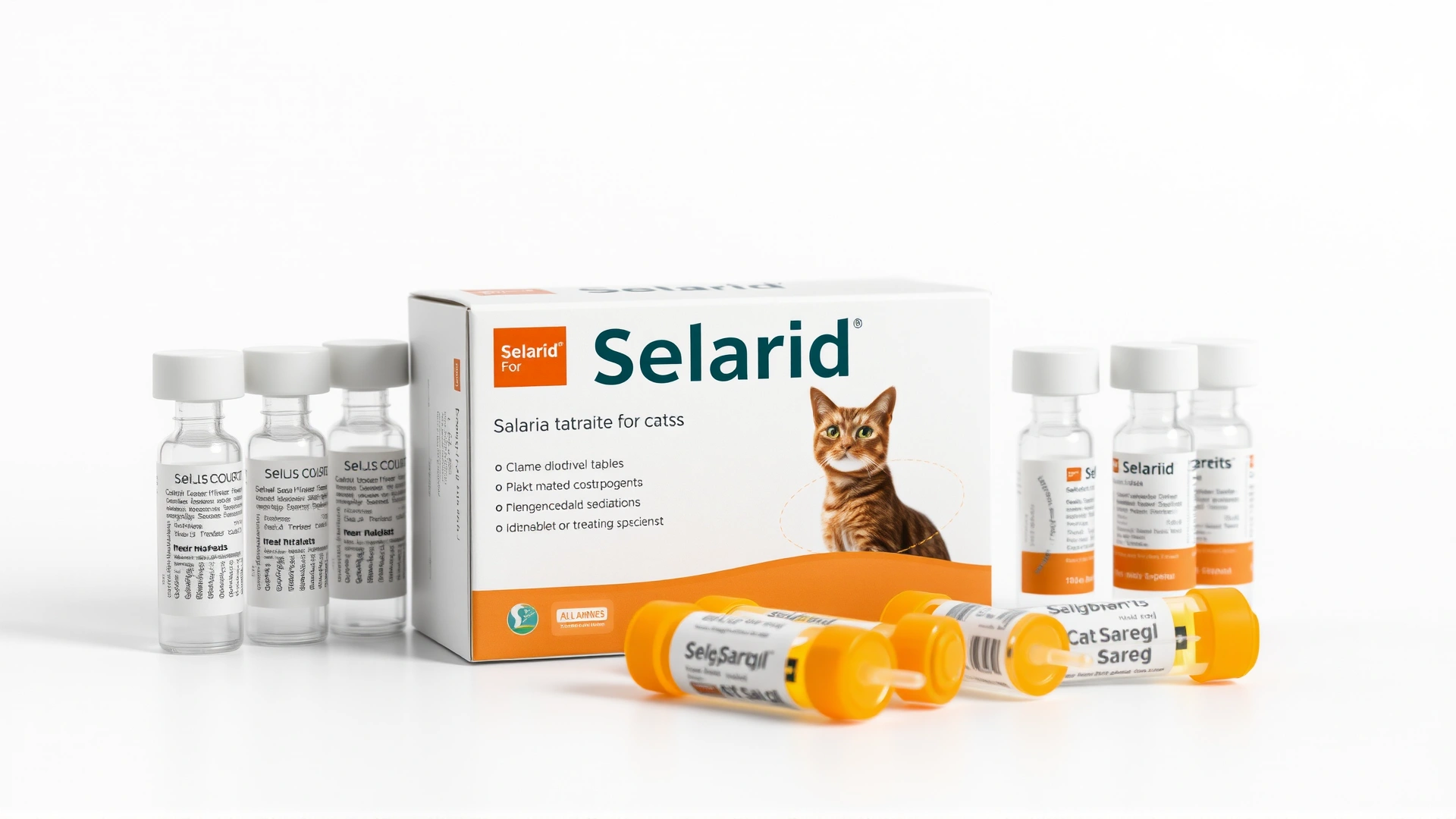 High-resolution studio photograph of Selarid for Cats box alongside several dosage tubes, white background