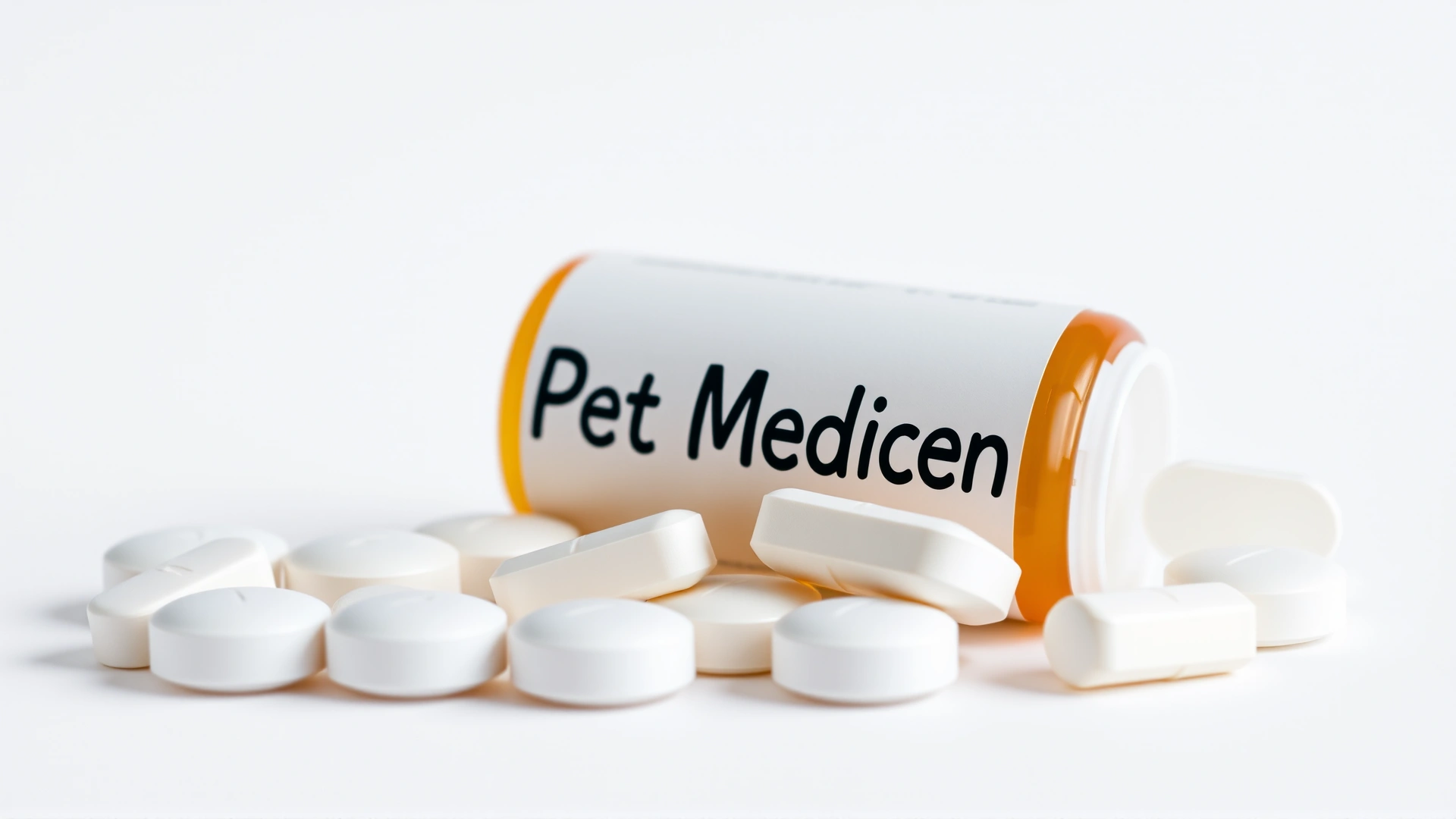 Close up of generic white tablets and a plain prescription bottle labeled Pet Medication on a white background