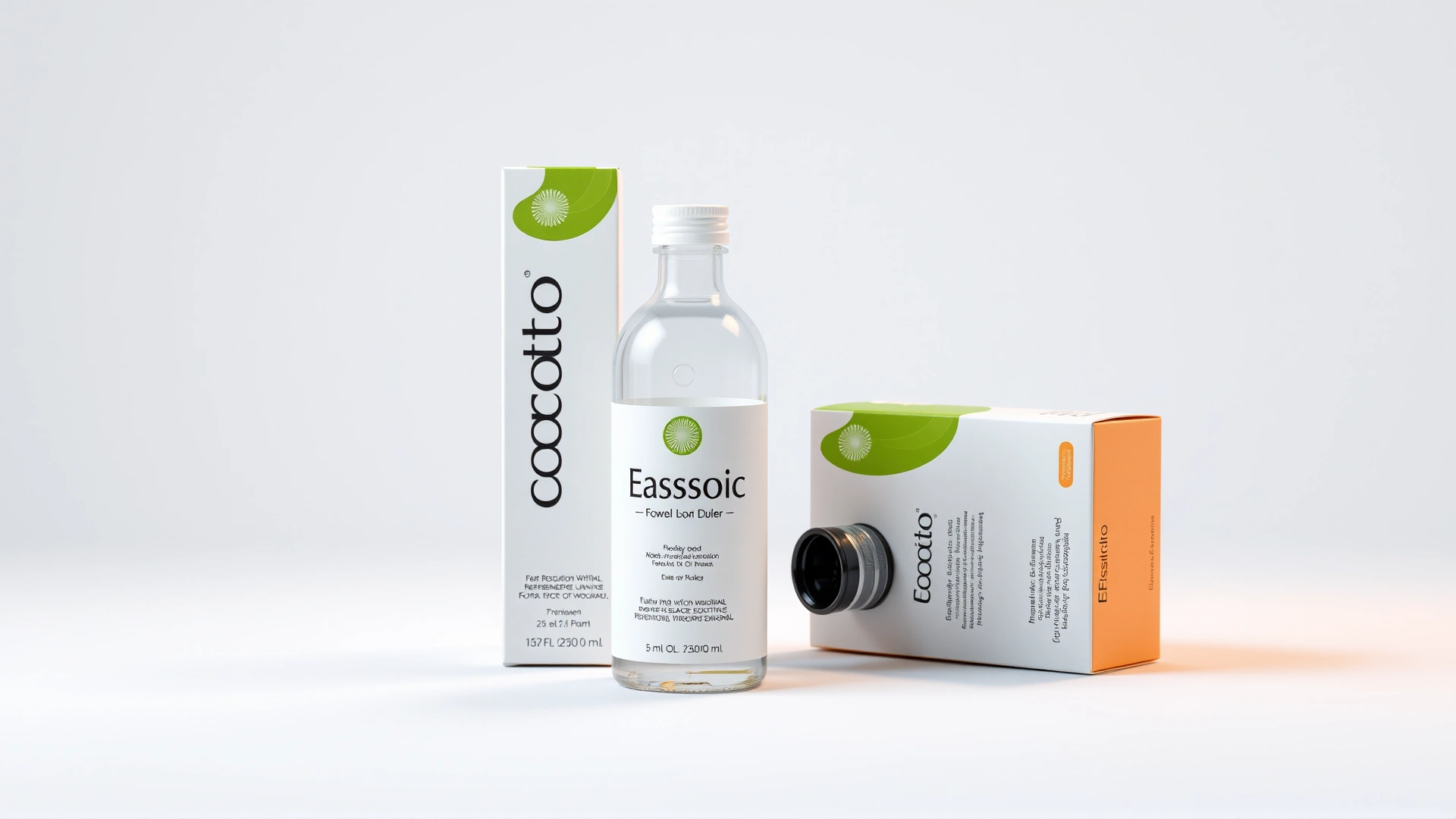 High-resolution studio photo of an Easotic bottle and packaging on a white background, well-lit, front view