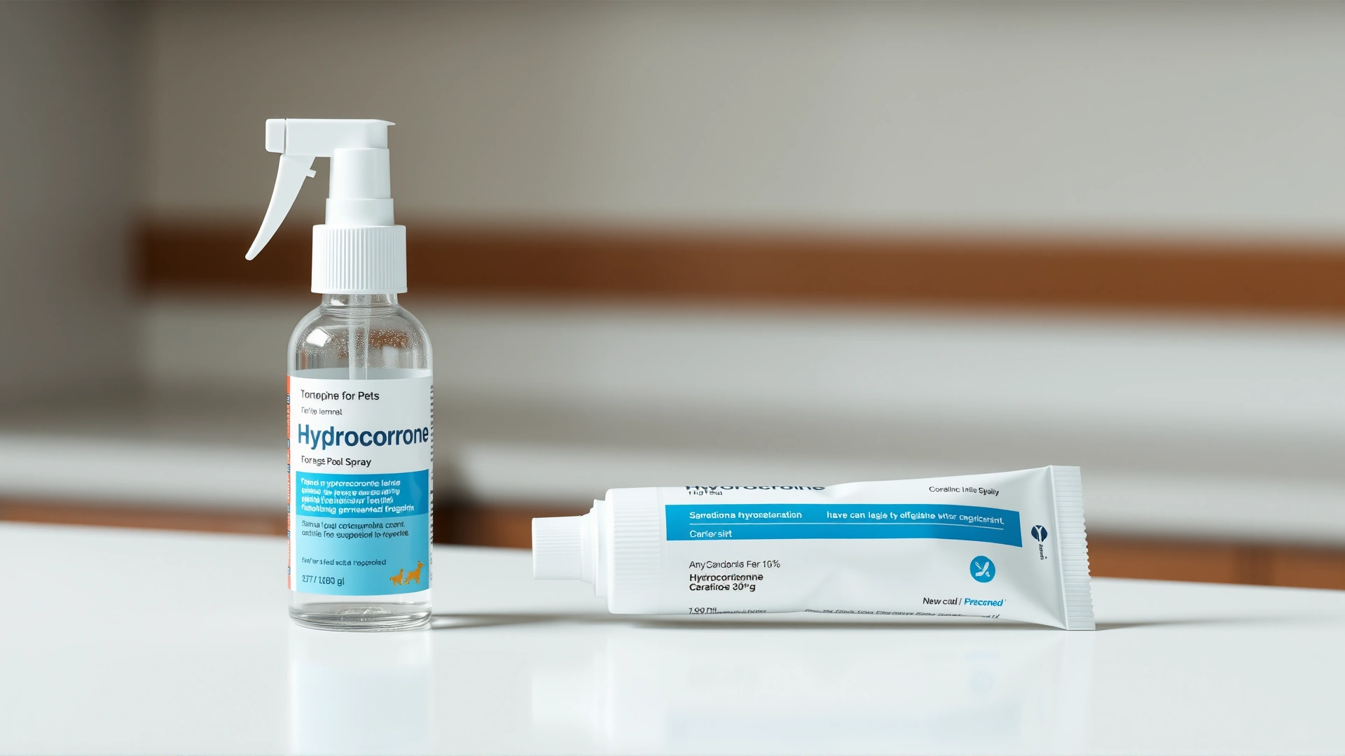 Unbranded tube and spray bottle of hydrocortisone for pets placed on a clean white counter with a blurred background, no text on image