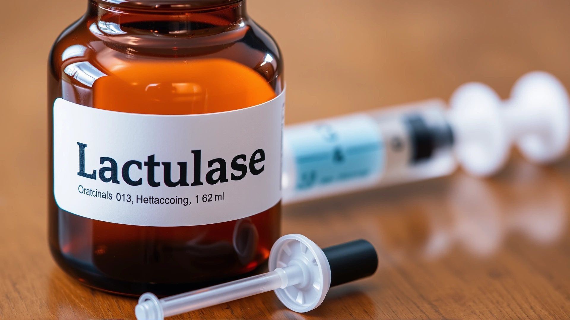 Macro shot of an amber bottle labeled lactulose oral solution with a medicine syringe next to it, placed on a wooden table