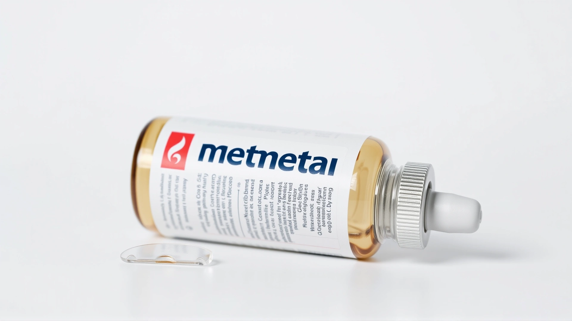 Close-up of a Mometamax bottle with its dropper cap placed beside it on a white background, well-lit studio photo.