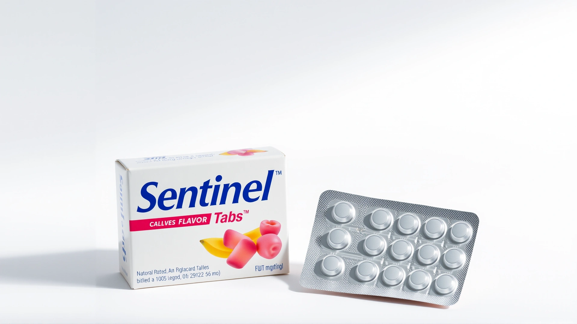 Studio photo of a Sentinel® Flavor Tabs® box and a blister pack on a clean white backdrop, well-lit with soft shadows.