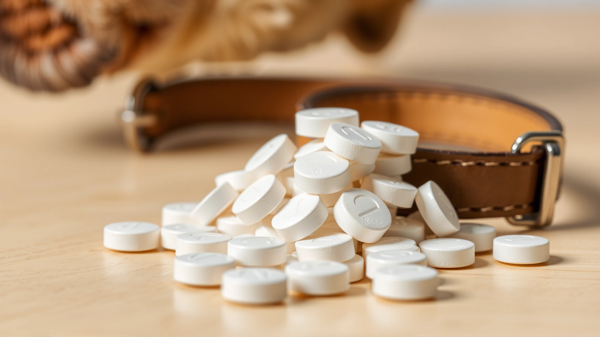 A neatly arranged pile of unbranded white pet deworming tablets on a light wooden surface with a blurred pet collar in the background. No text.