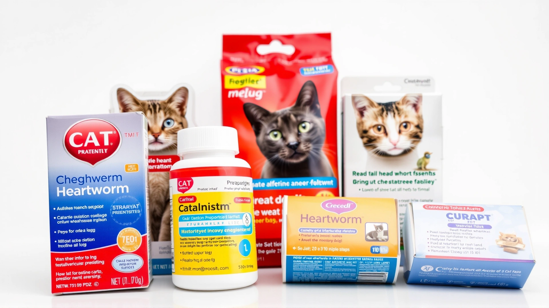Group shot of popular cat heartworm preventive product packaging neatly arranged on a white background, no readable text.