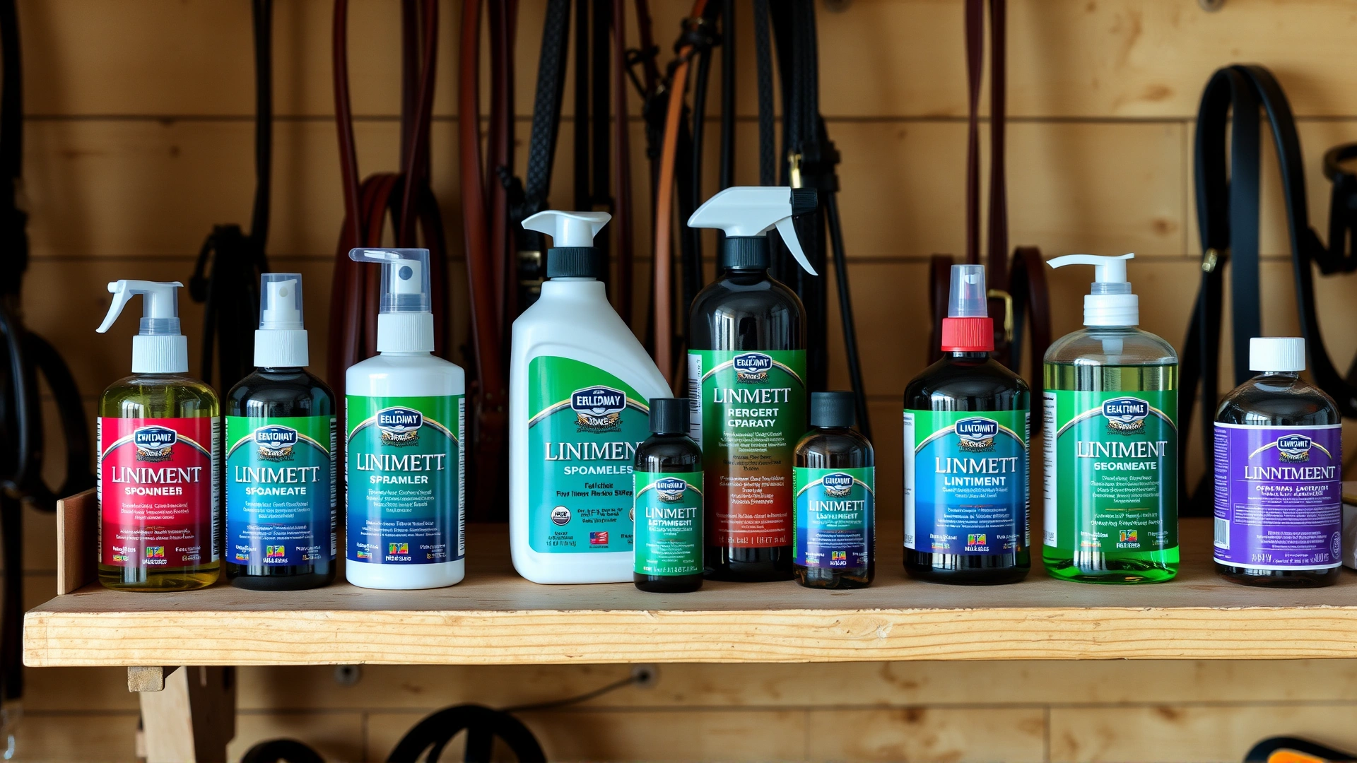 Assortment of various horse liniment products—gel, spray, liquid—neatly arranged on a tack room shelf with bridles hanging in the background.