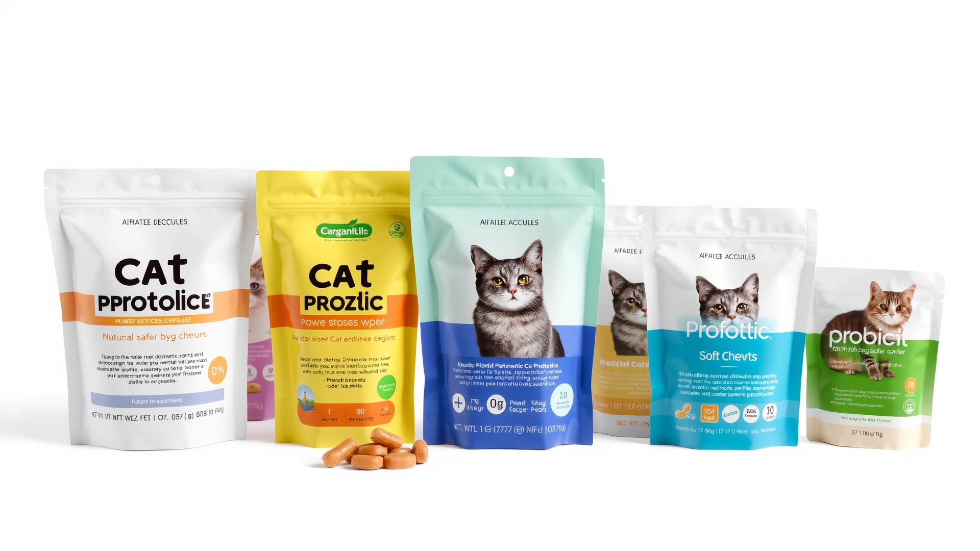 Line-up of various cat probiotic packages (powder sachets, capsules, soft chews) neatly arranged on a white background, high-resolution product shot, no text