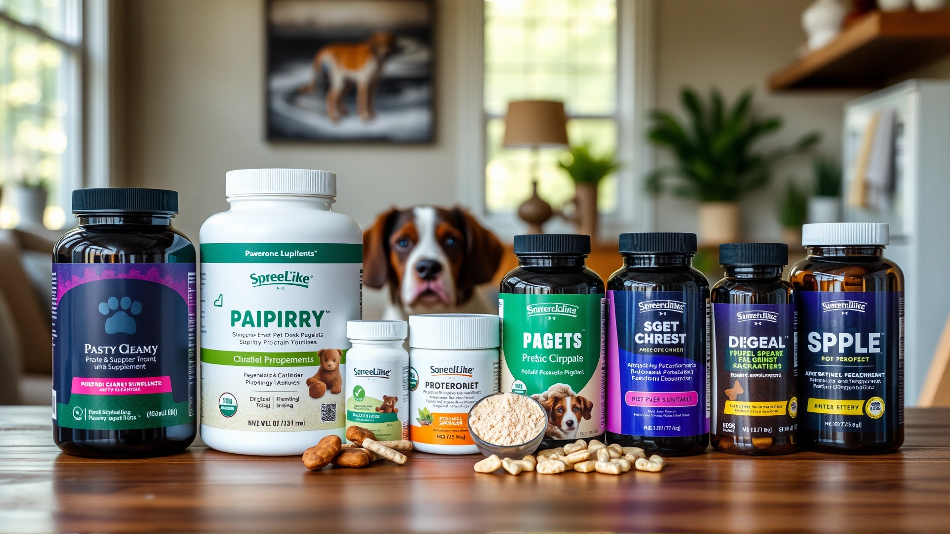 Variety of pet supplement bottles, chews, and powders neatly arranged on a wooden tabletop; cozy home environment in soft focus behind