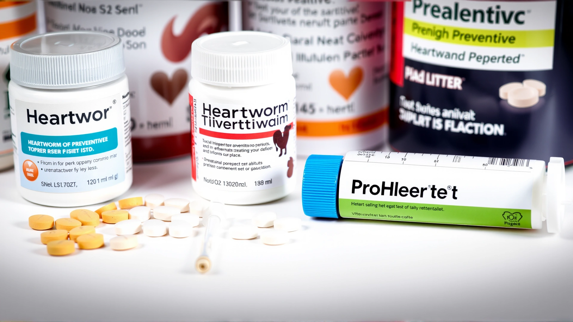 Assortment of heartworm preventative products including chewable tablets, topical pipettes, and a ProHeart syringe arranged neatly on a white background