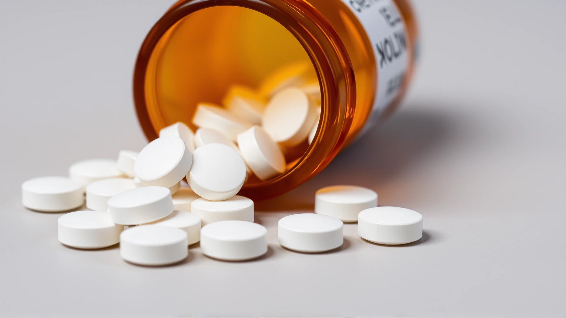 Macro photograph of plain white amlodipine tablets spilling from an unlabeled amber prescription bottle on a neutral background.