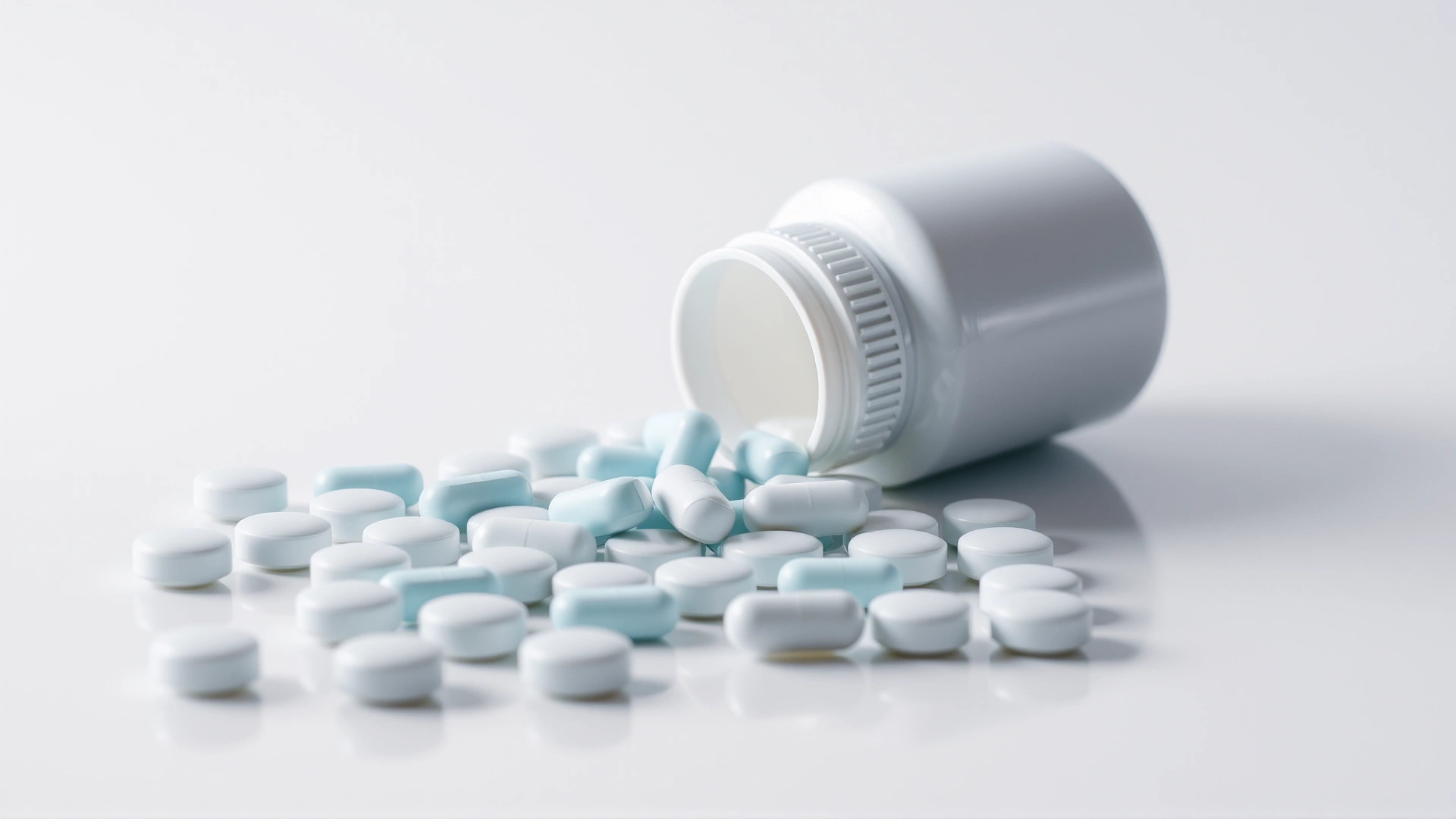Studio shot of generic white and light-blue tablets scattered near an unbranded white pill bottle, placed on a clean reflective surface with soft lighting.
