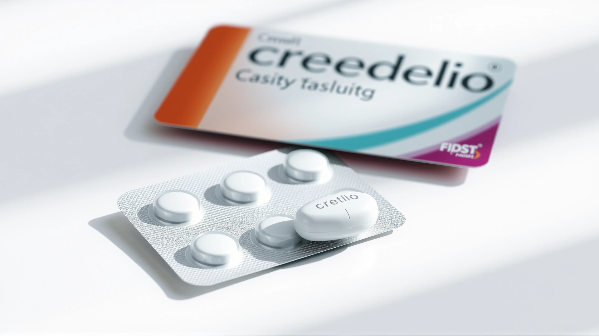 Credelio blister pack and single chewable tablets arranged neatly on a white surface with subtle shadows