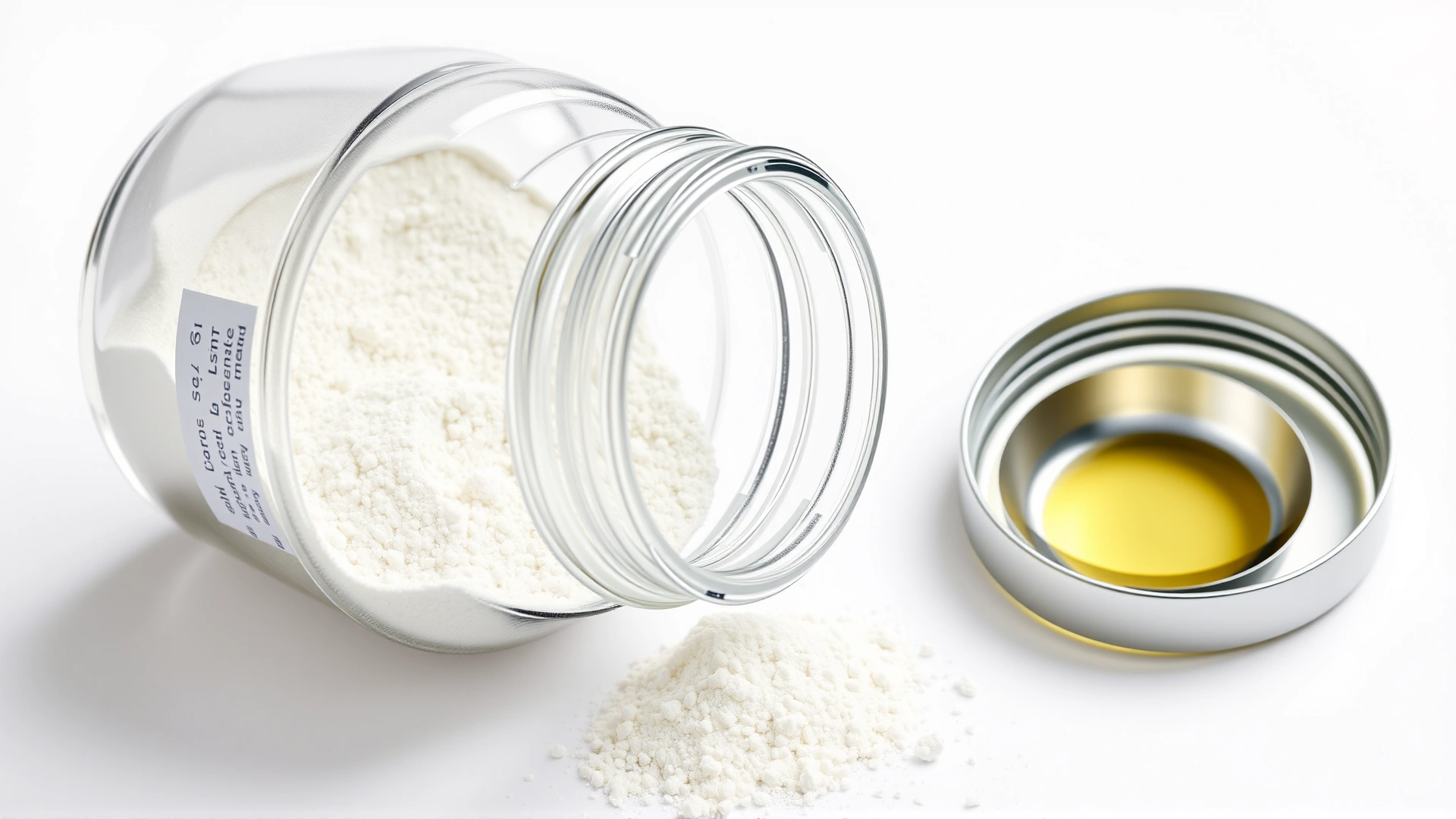Open jar of powdered lysine supplement with a small measuring scoop on a clean white background