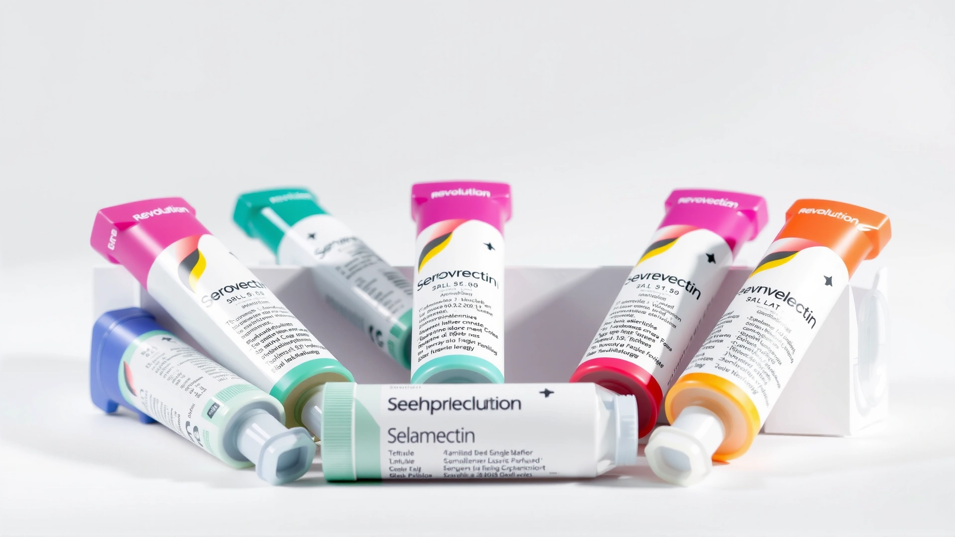 Studio shot of several Revolution (selamectin) single-dose tubes arranged neatly with their color-coded packaging, white background, soft shadow