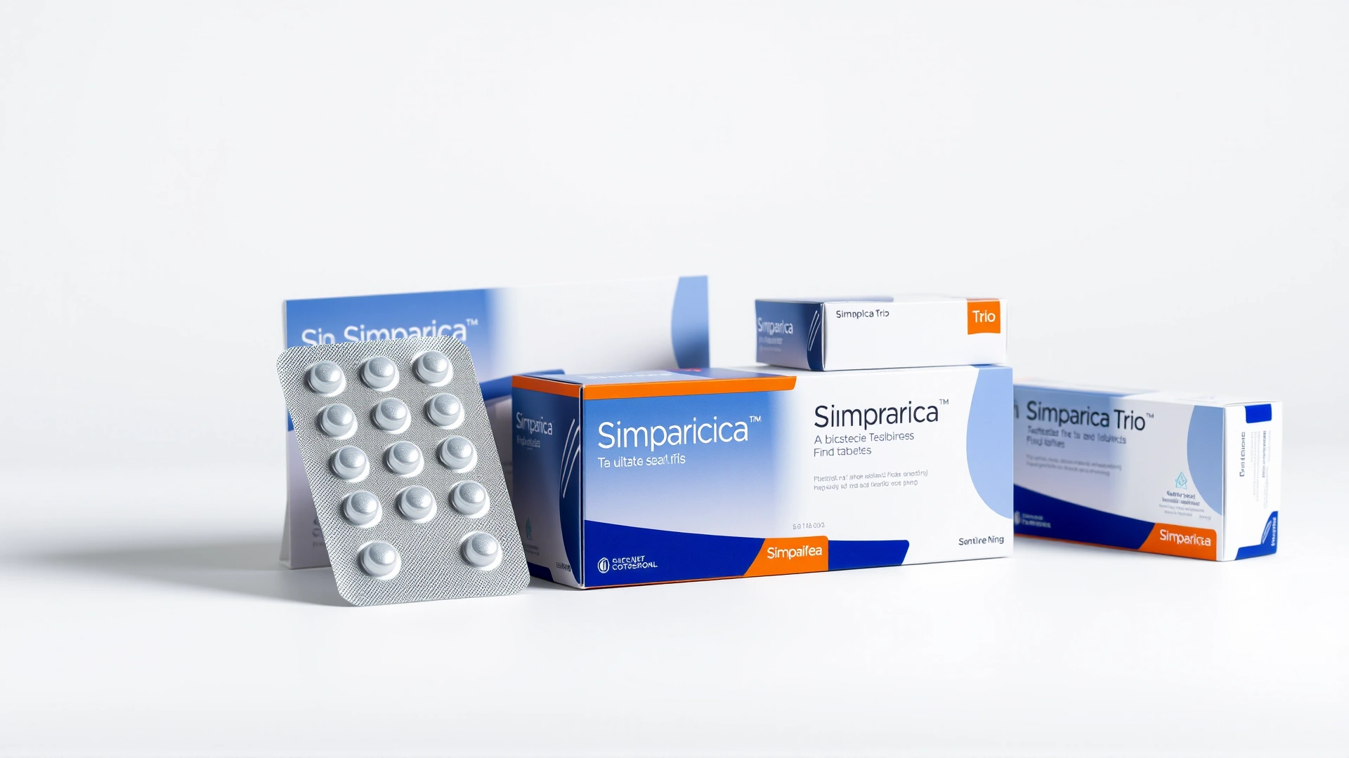 Studio shot of Simparica and Simparica Trio blister packs and branded boxes neatly arranged on a white background