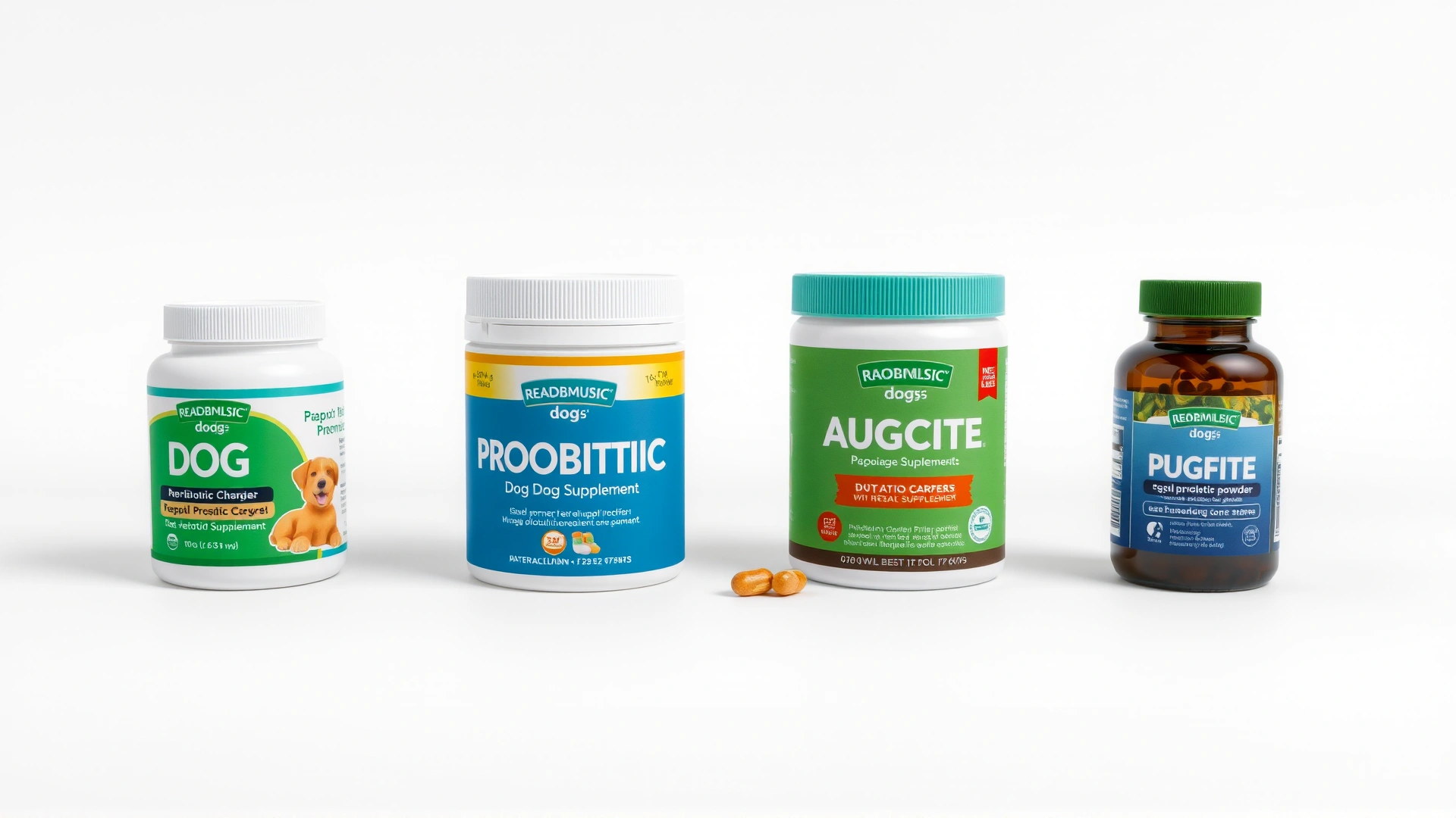 Line-up of different dog probiotic supplement containers (powder jar, chewable tub, capsule bottle) on a clean white background