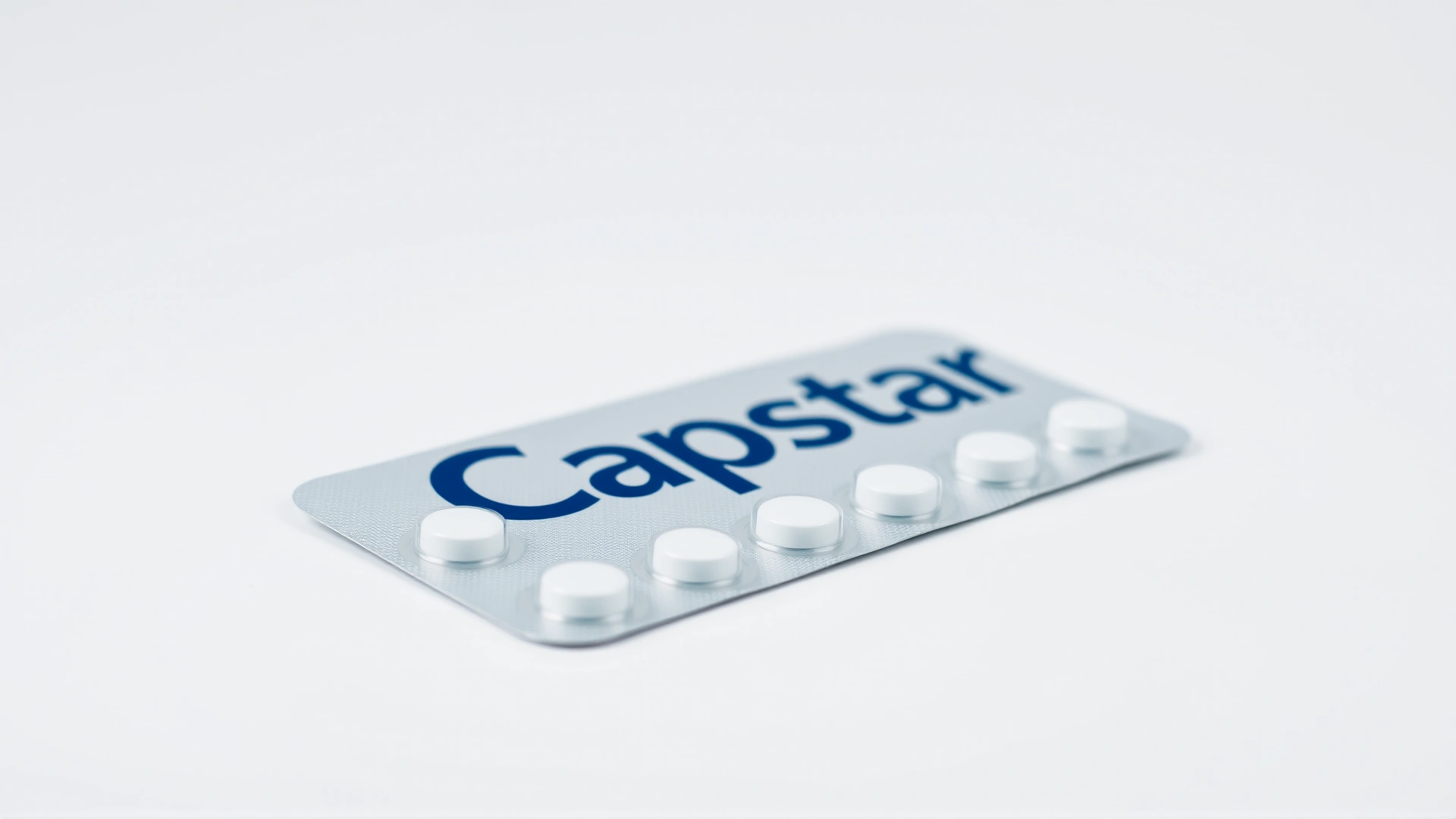 Studio shot of a blister pack of small white tablets representing Capstar, on a clean white background, no branding or text.