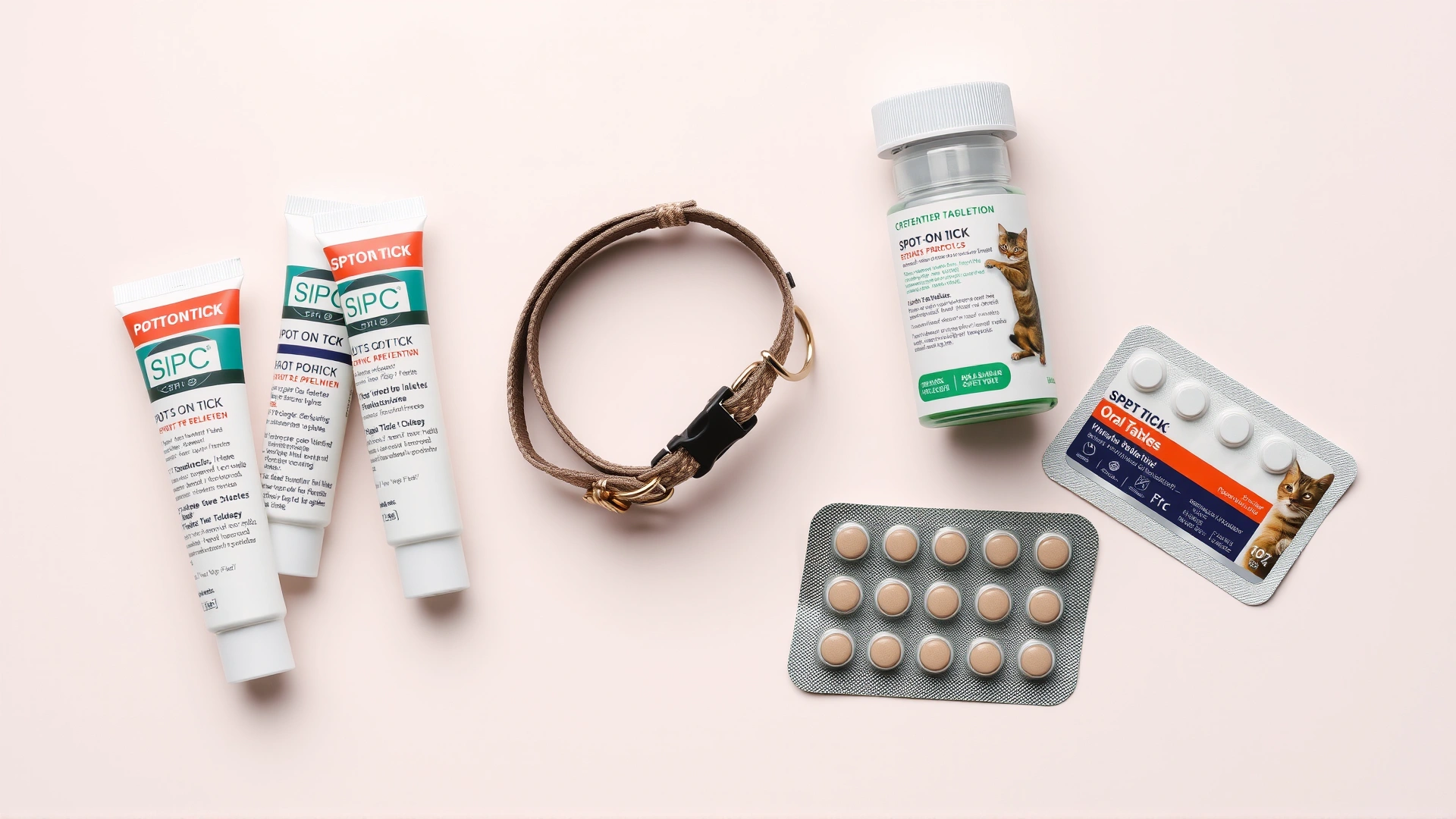 Flat lay of assorted cat tick prevention products including spot-on tubes, a collar, and a blister pack of oral tablets arranged on a light background
