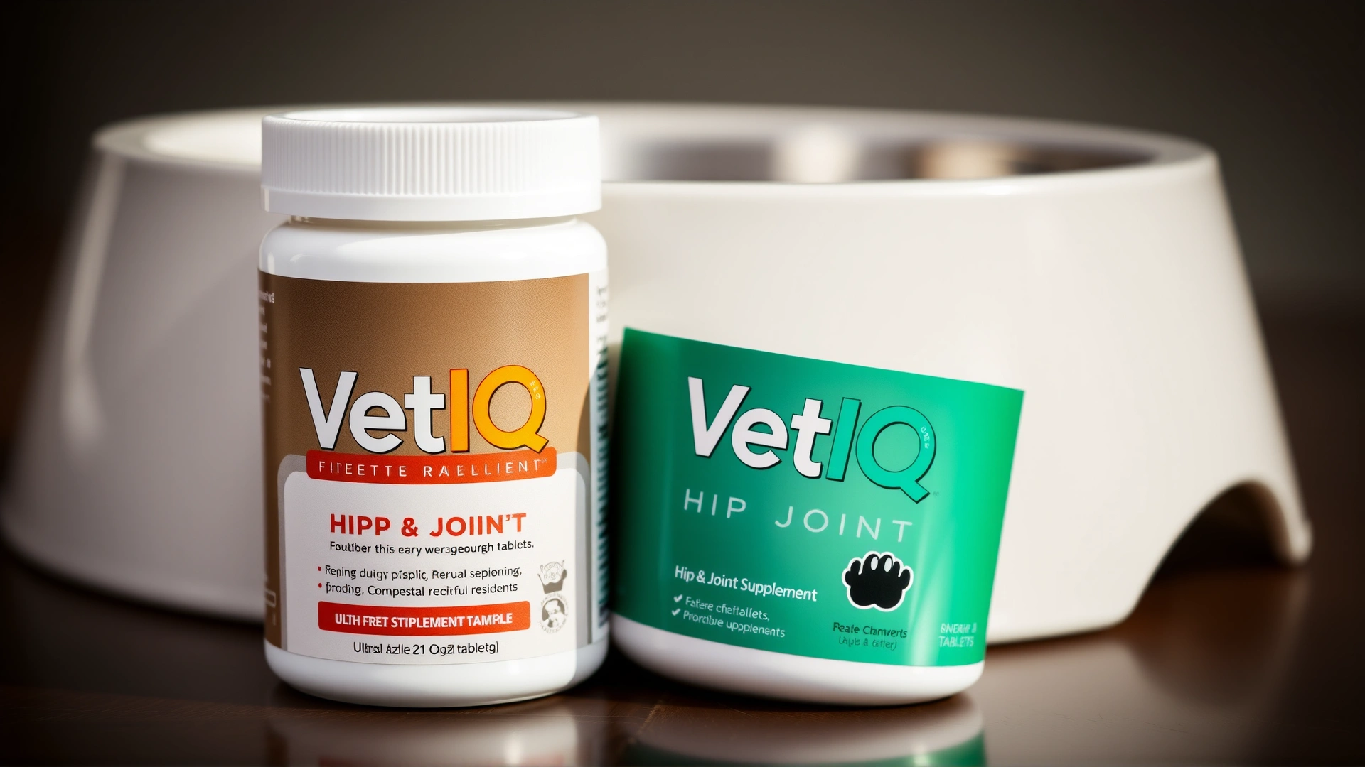 VetIQ Hip & Joint Supplement chewable tablets placed next to a medium-sized dog bowl, with soft natural lighting.