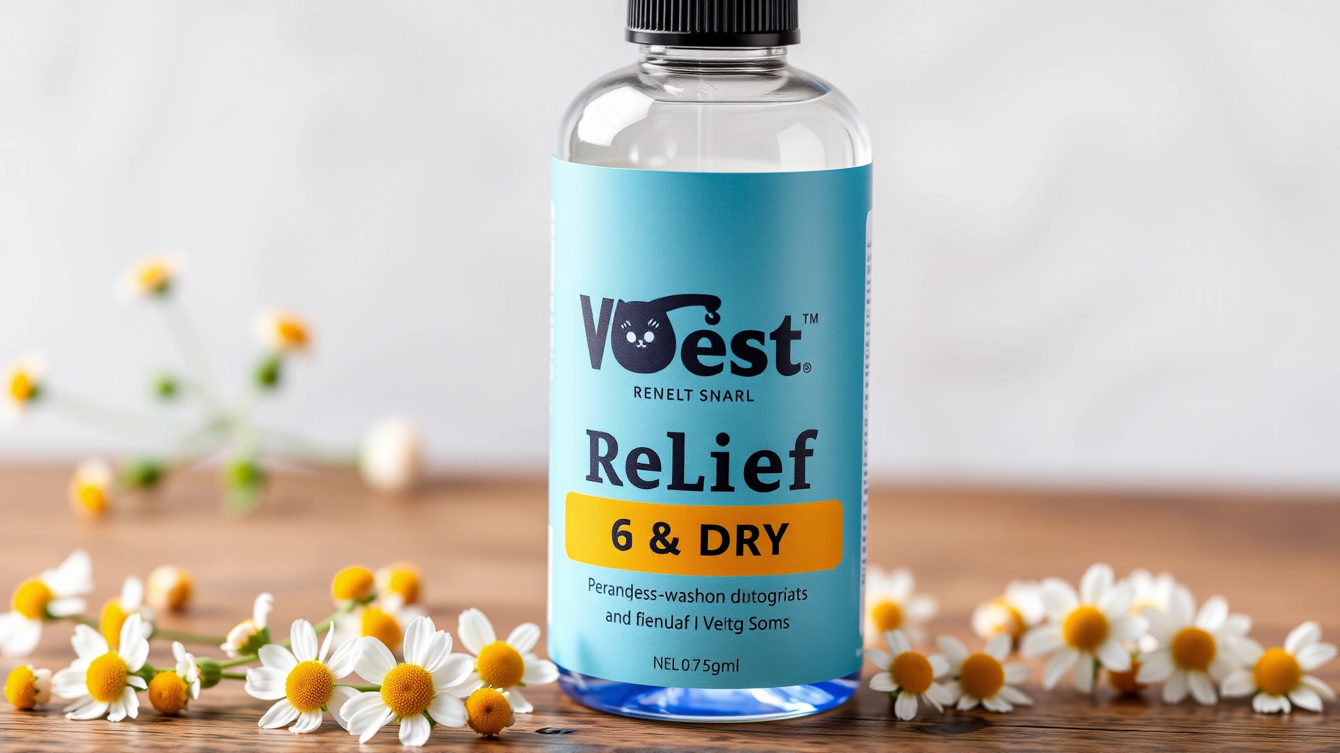 Two-step Vet’s Best Ear Relief Wash & Dry bottles side by side with small chamomile flowers scattered around