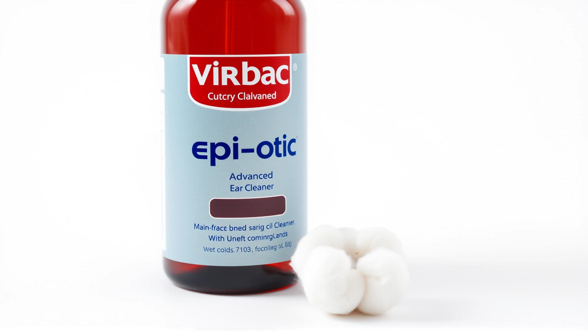Bottle of Virbac Epi-Otic Advanced Ear Cleaner standing upright with a cotton ball beside it on white backdrop