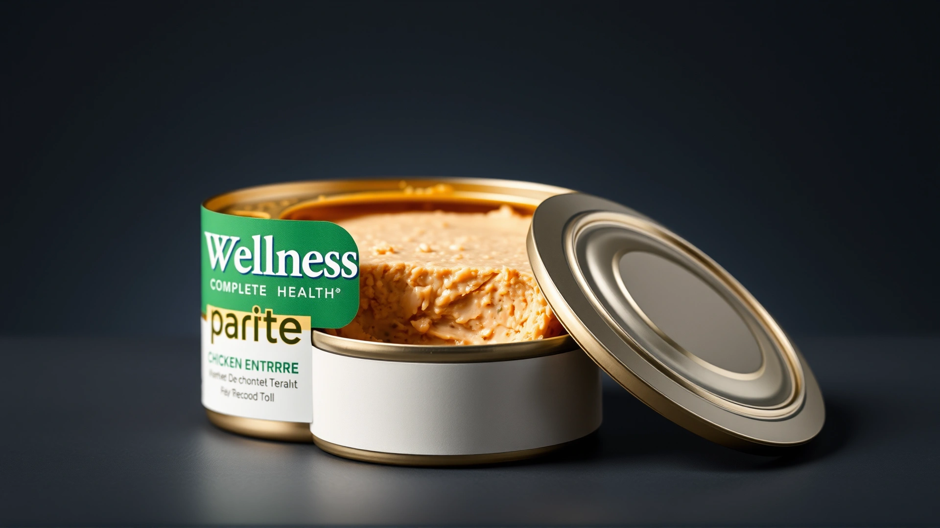 Studio photo of Wellness Complete Health Pâté Chicken Entrée can with its lid slightly opened to reveal the pâté texture.