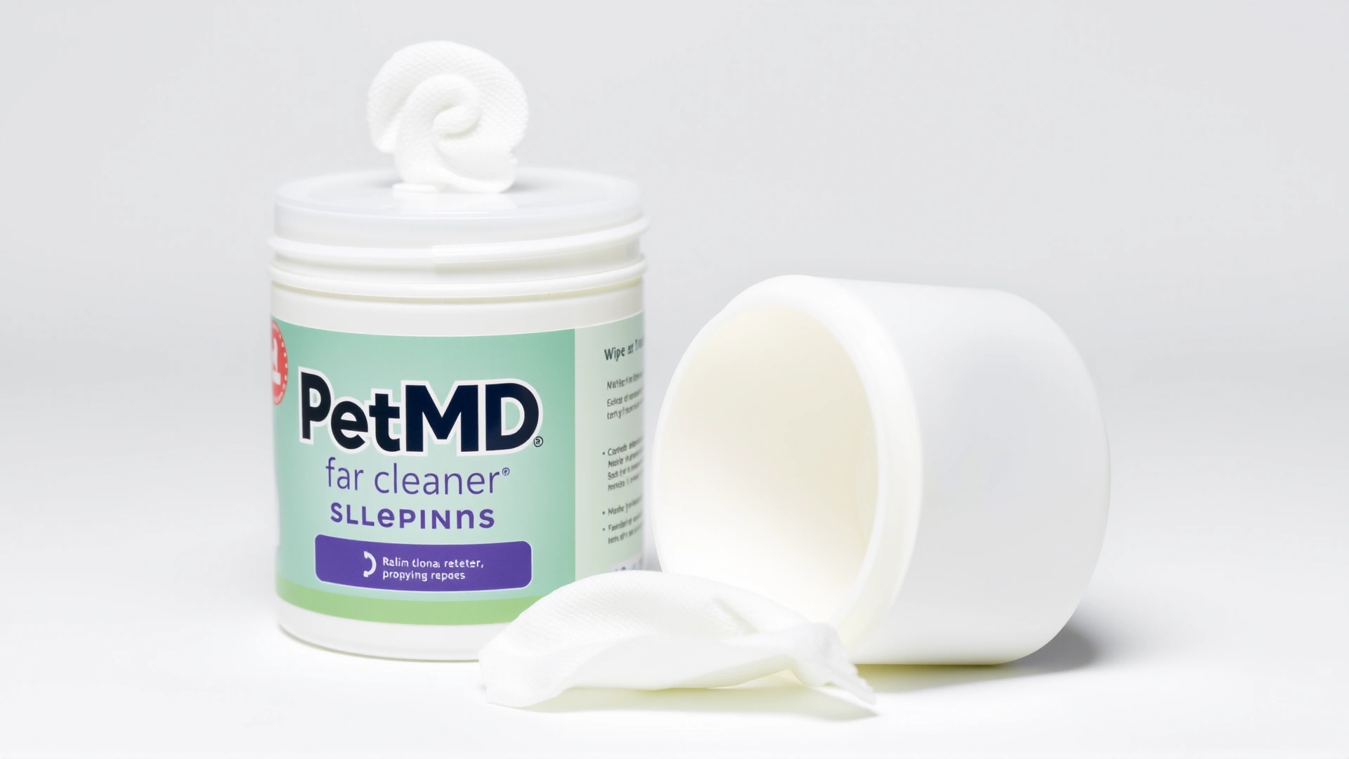Plastic jar of PetMD Dog Ear Cleaner Wipes with open lid and a single wipe partially pulled out