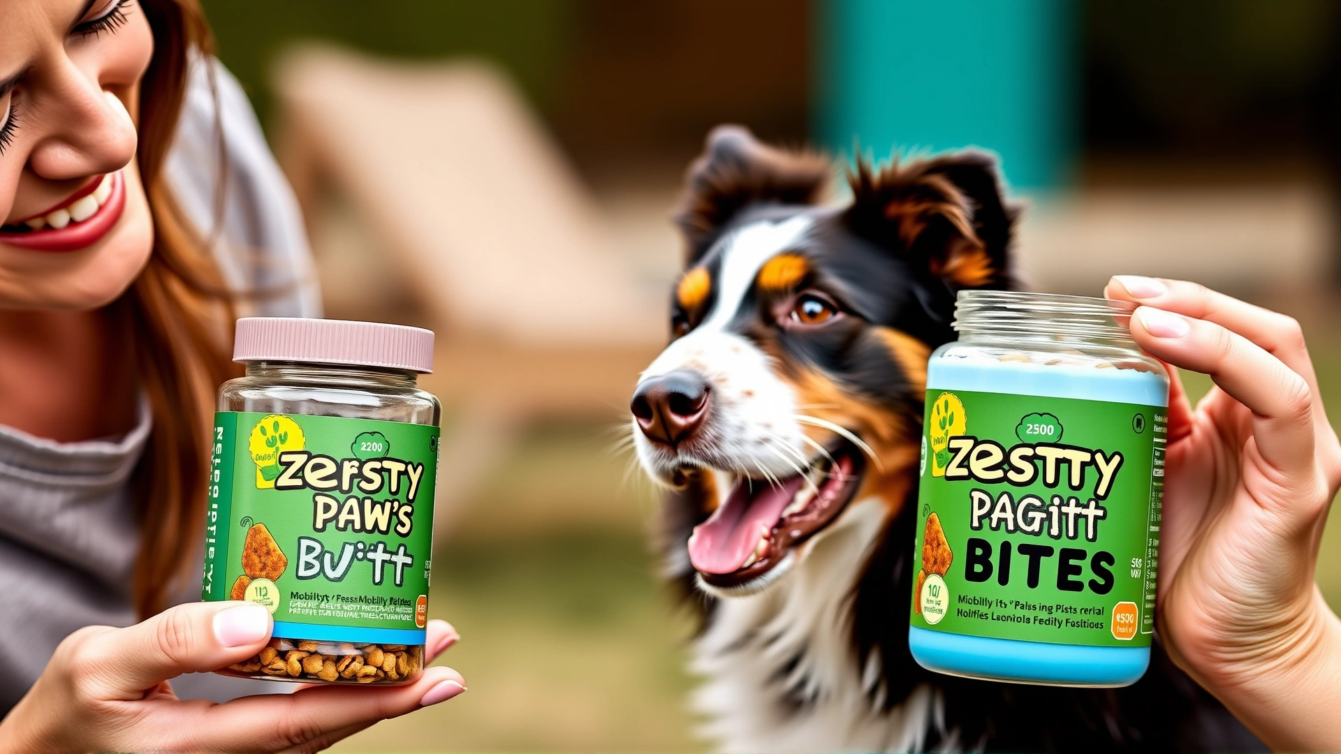 Zesty Paws Mobility Bites jar held by a smiling pet owner while her Border Collie eagerly waits.
