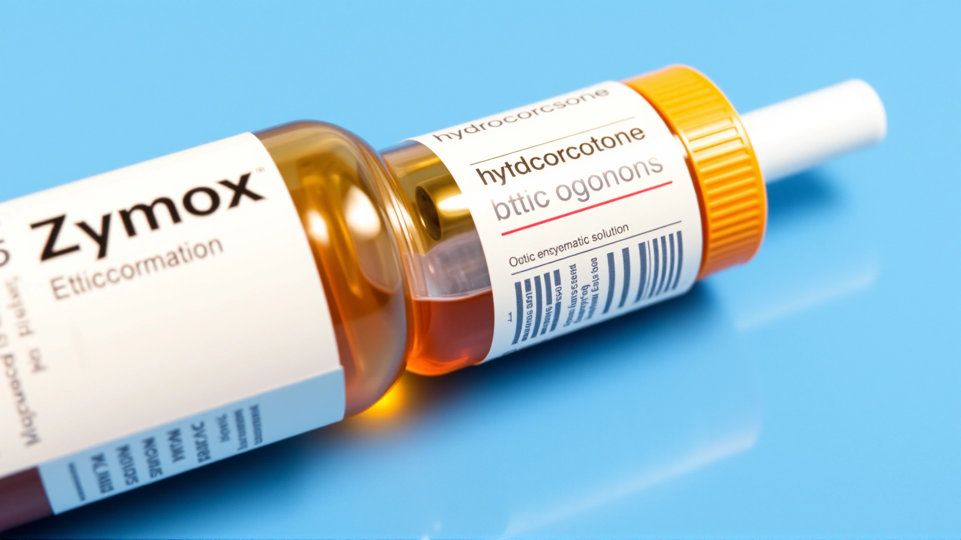 Zymox Otic Enzymatic Solution bottle lying next to hydrocortisone label visible, on clinical blue surface