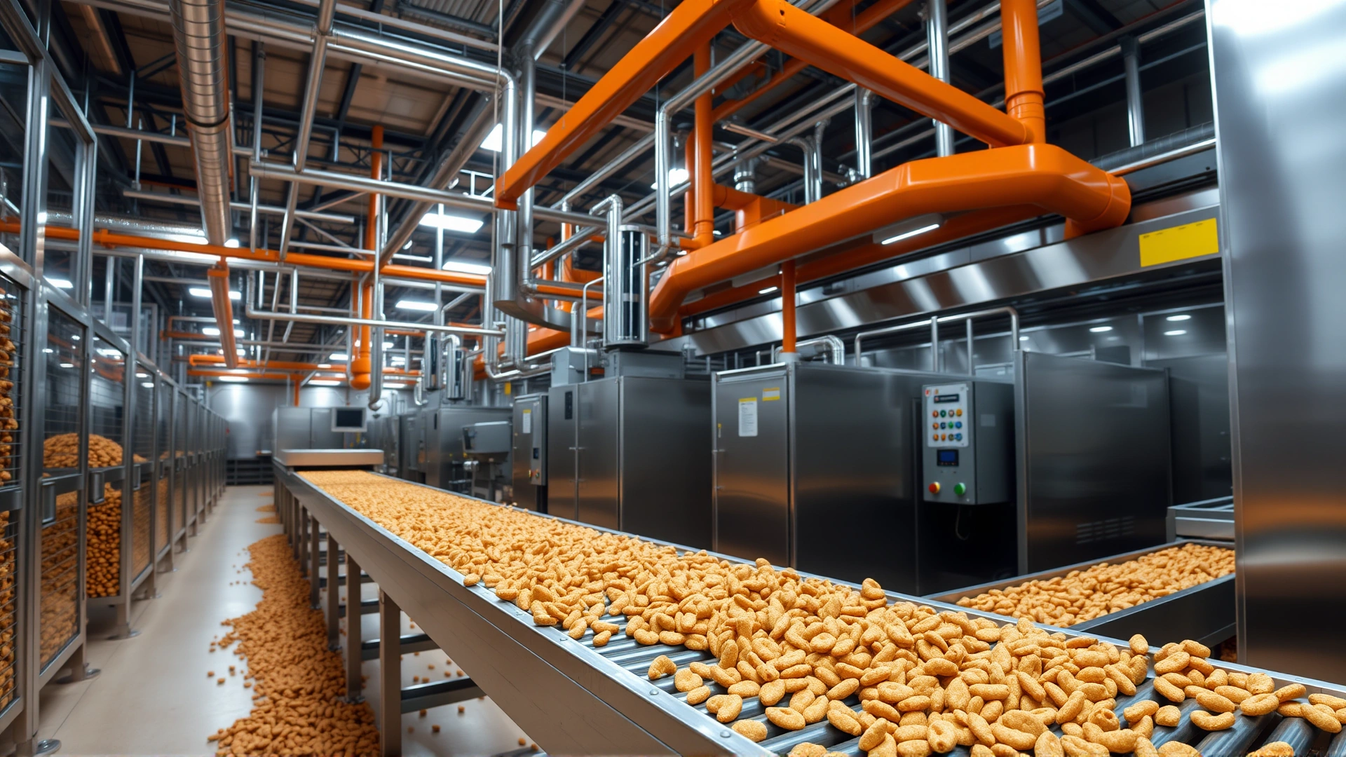 Wide angle shot of a modern pet food production facility with stainless steel machinery and conveyor belts carrying kibble.