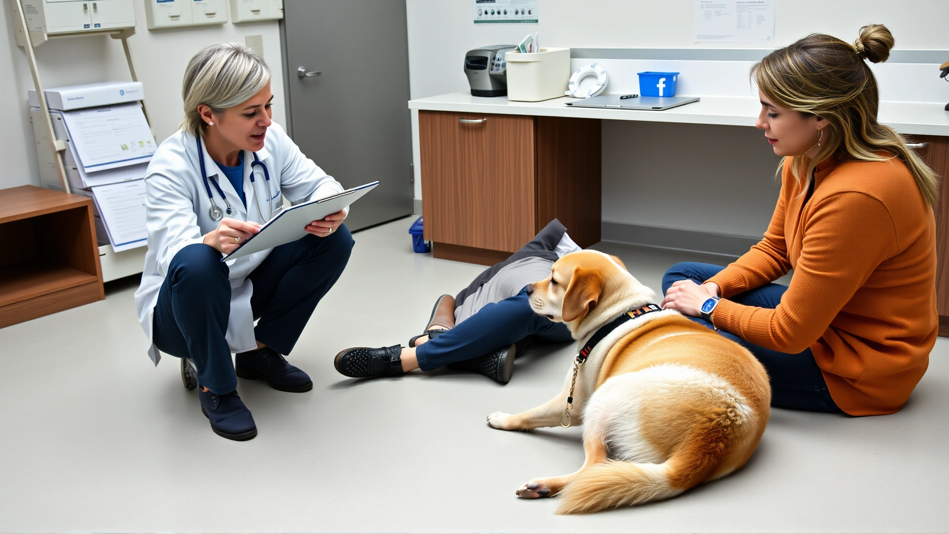 Pet behavior specialist in a clinic setting discussing a behavior plan with a dog owner while the dog relaxes on the floor; calm atmosphere with clipboards on the table.