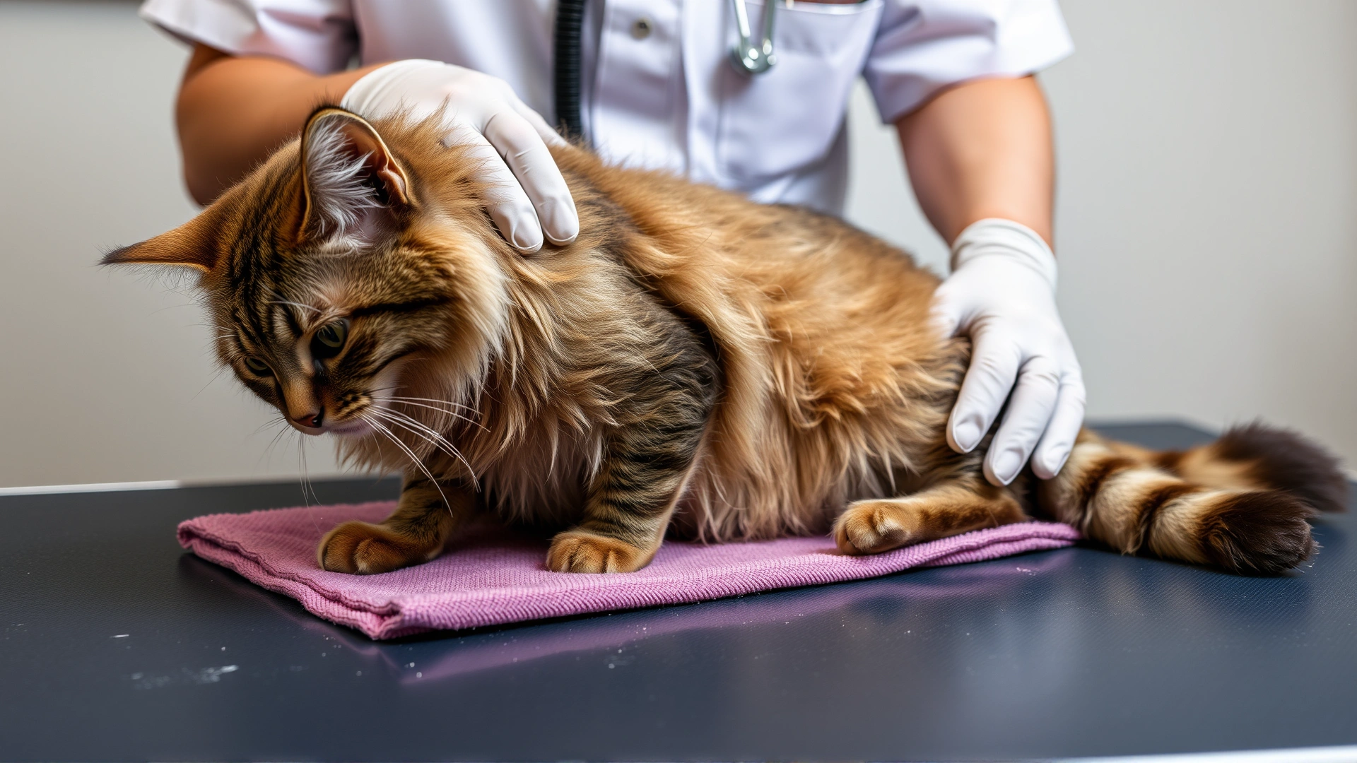 Professional groomer wearing protective gloves carefully shaving a severely matted cat on a grooming table with veterinary supervision