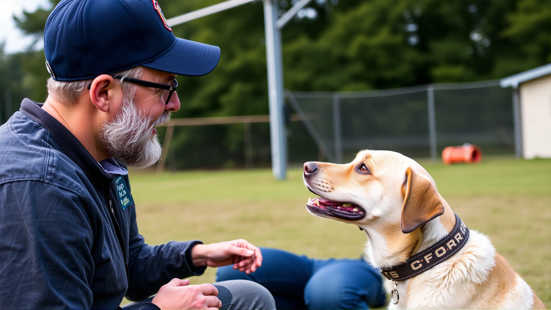 Dog owner having a friendly consultation with a certified dog trainer in an outdoor training area.