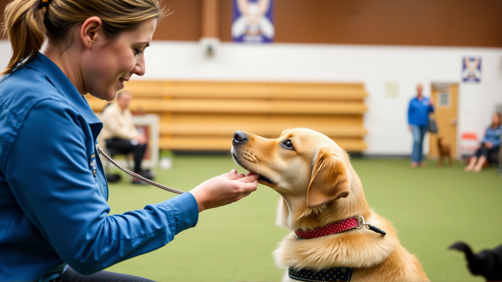 Certified dog trainer demonstrating positive reinforcement with a leash-trained dog in an obedience class setting