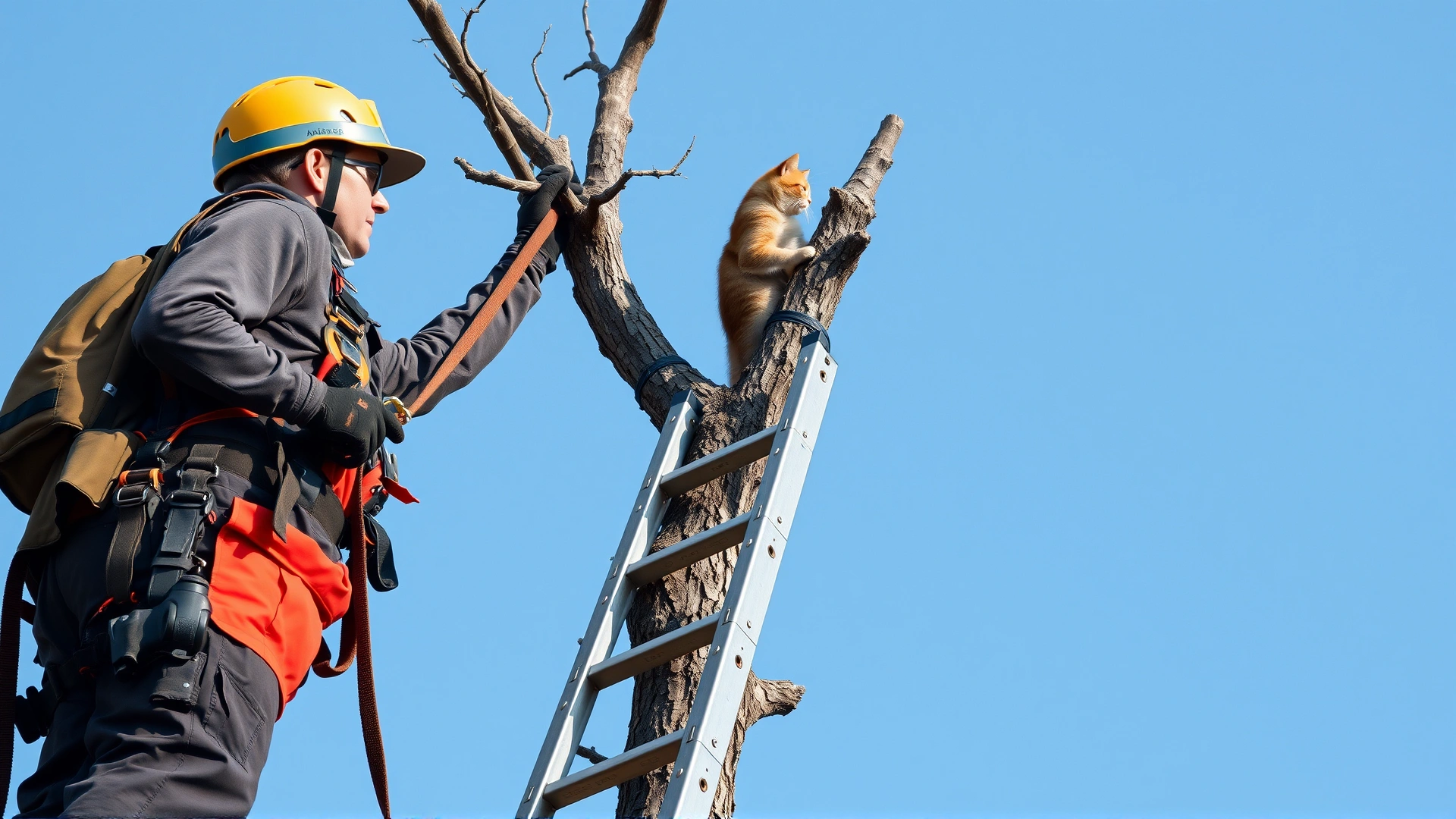 Professional animal rescuer wearing safety gear on a tall ladder reaching for a cat in a tree, clear sky background