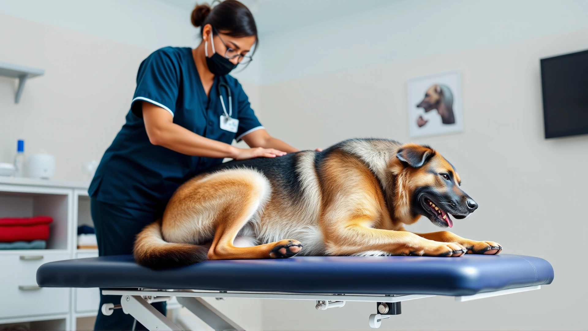 Certified canine massage therapist in a clinical setting wearing scrubs while performing a structured massage on a senior German Shepherd on an elevated table; bright, clean environment