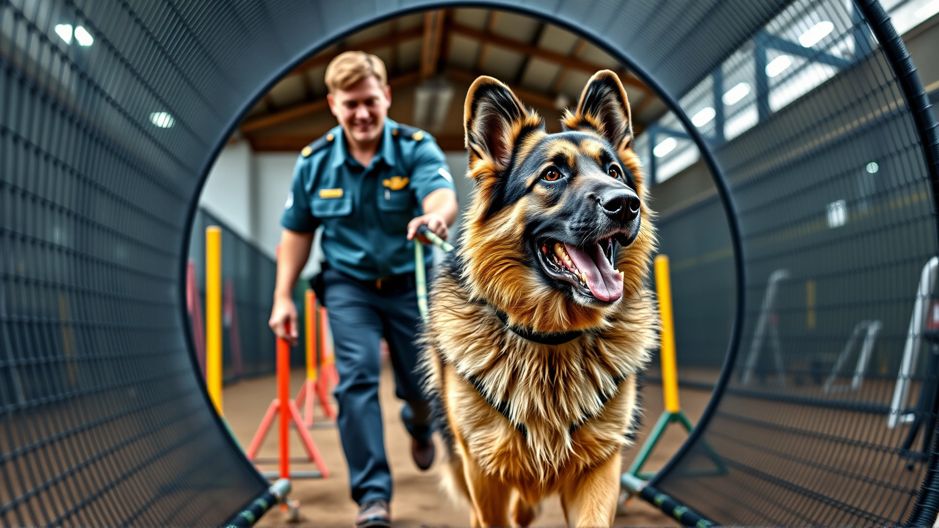 Professional dog trainer in uniform guiding German Shepherd through agility tunnel at training facility, dynamic angle.