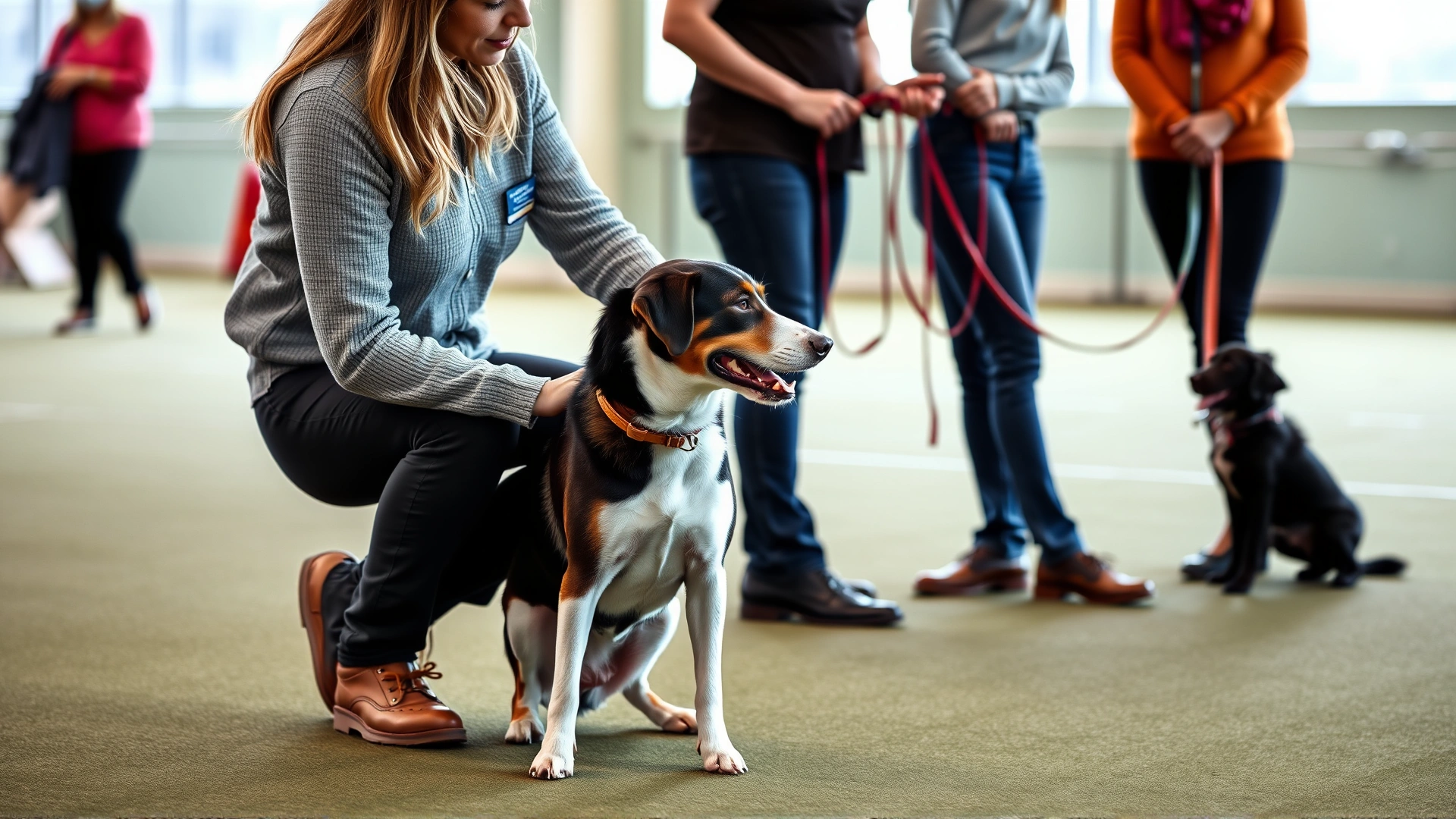 Certified dog trainer kneeling next to a dog in an obedience class, with other dog-owner pairs visible slightly blurred.