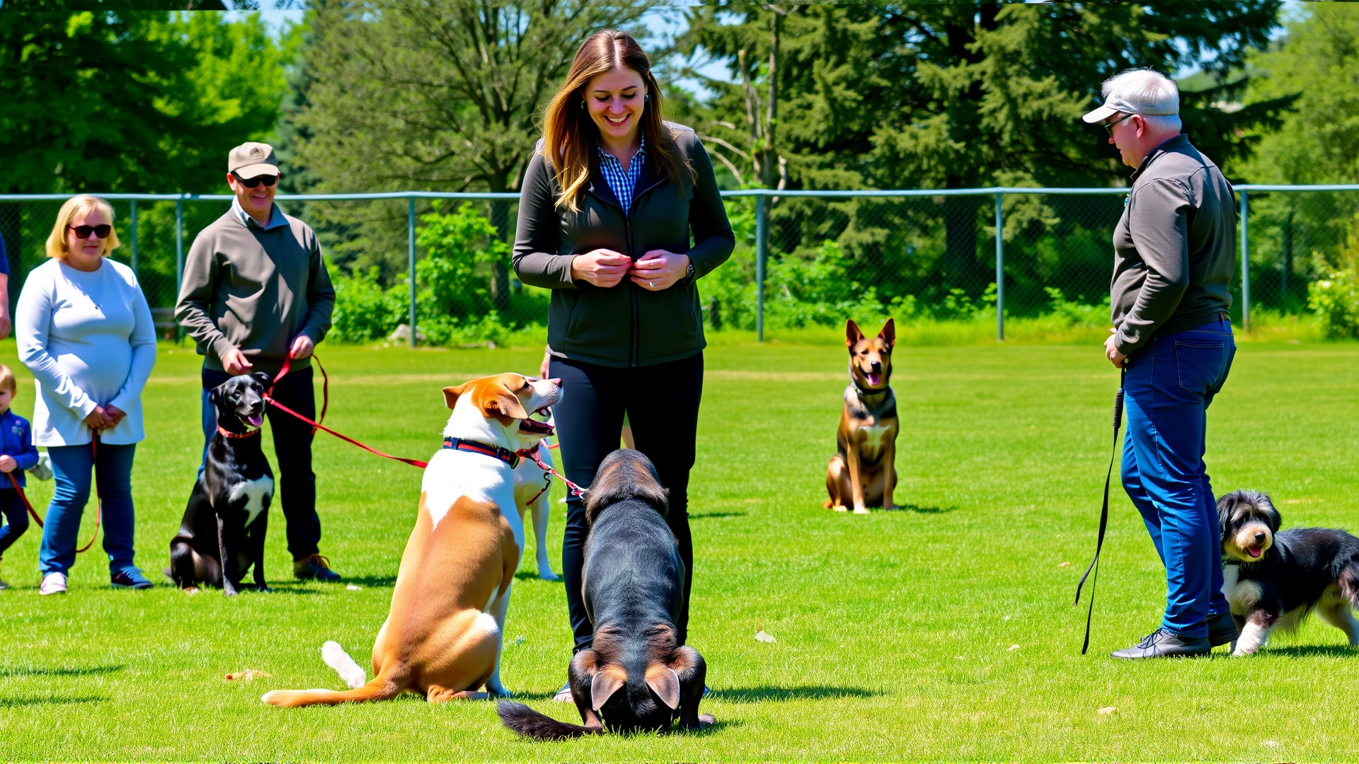 Certified dog trainer conducting an obedience class outdoors with several dogs and owners practicing the sit command, sunny day, no text